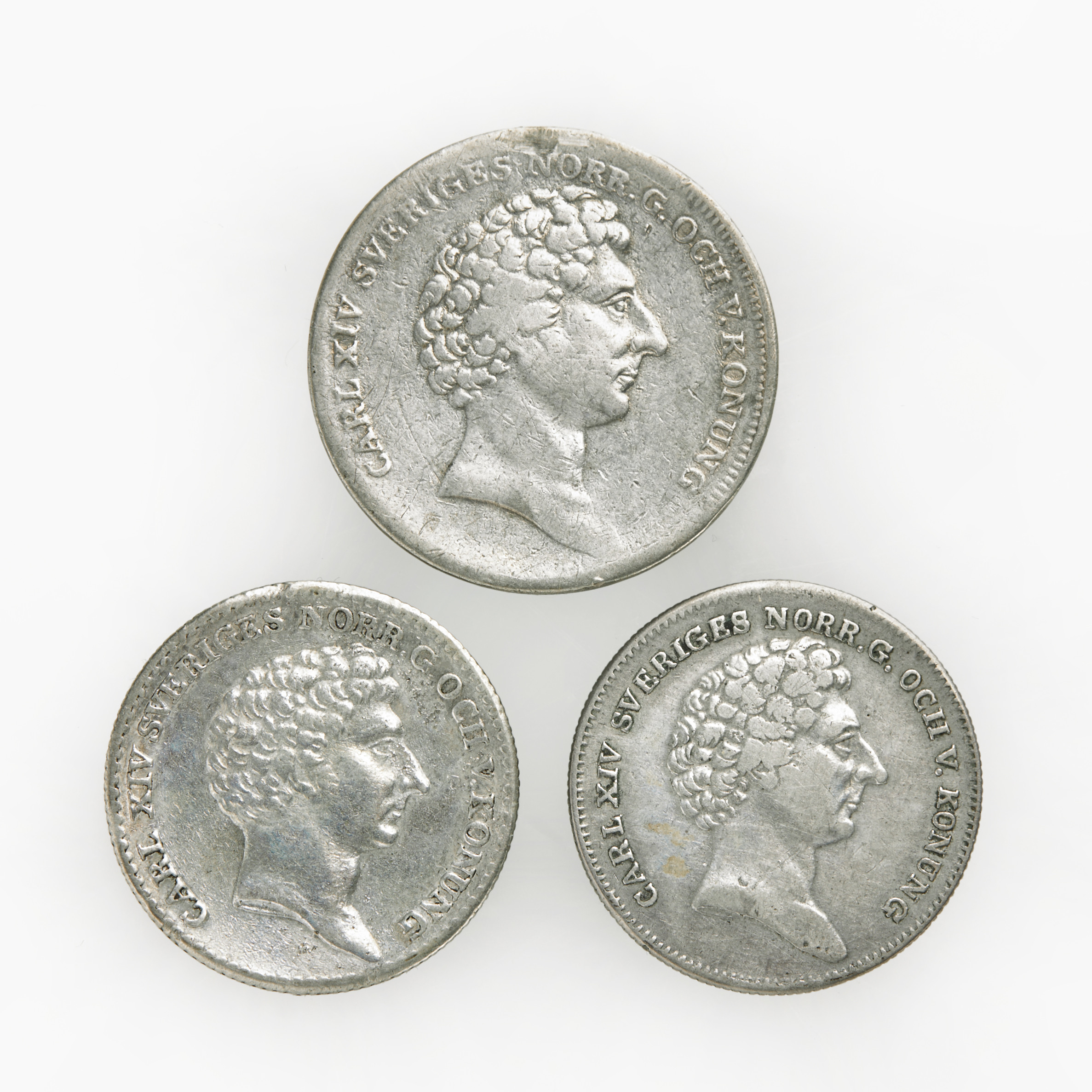 KARL XIV JOHAN (1818-1844), 3 st, 1/8, 1/6, 1/4 riksdaler specie 1832, 1829, 1834.