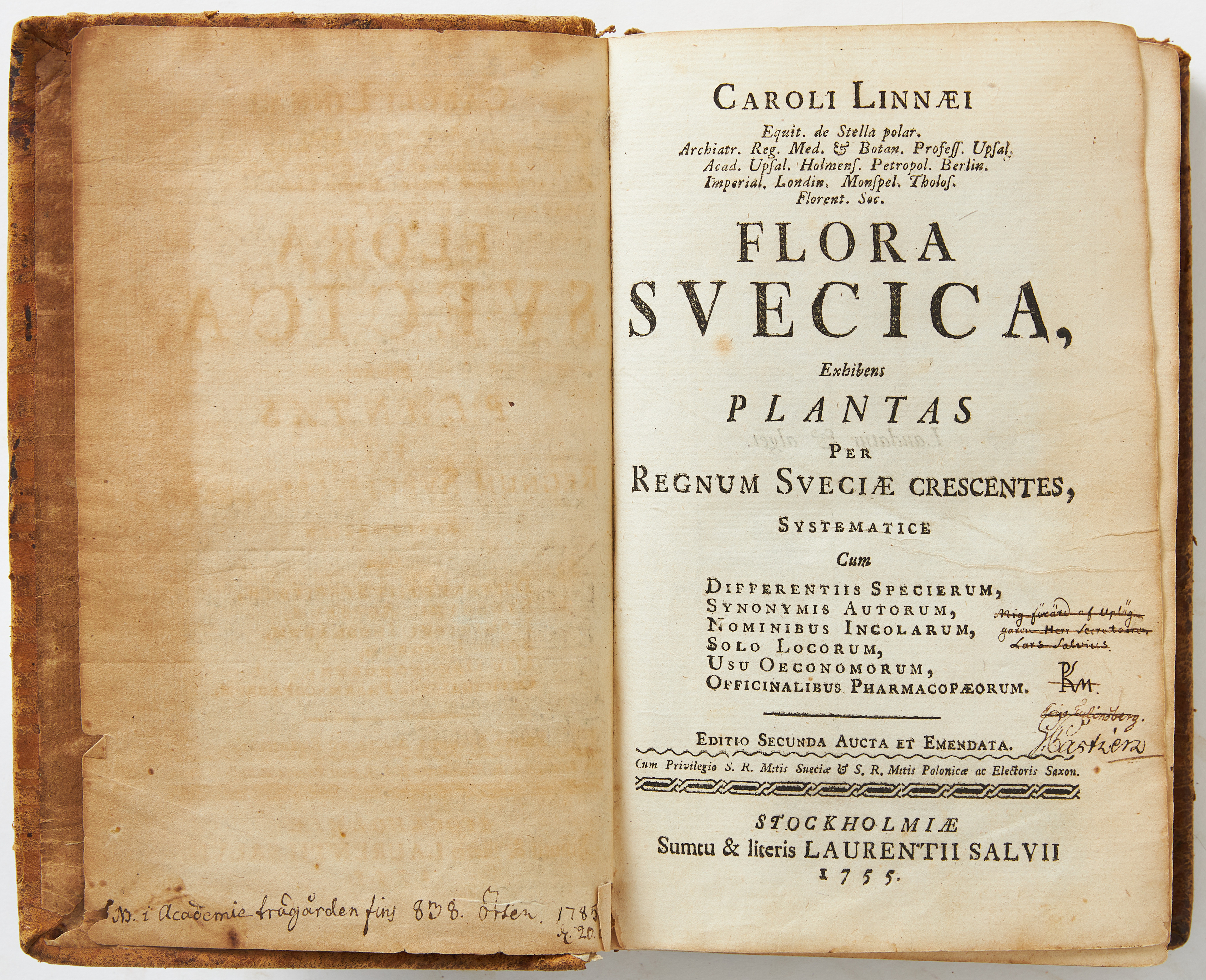 CARL VON LINNÉ. PEHR KALM'S COPY OF LINNAEUS'S FLORA SVECICA, 2nd ed., 1755.