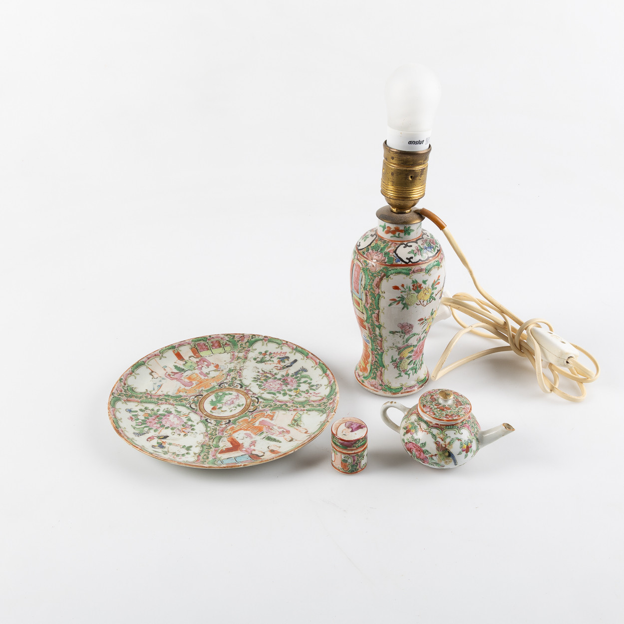 LAMPA / VAS, KANNA, FAT, mm, 5 delar, Kina, Kanton, porslin, 1800-tal.