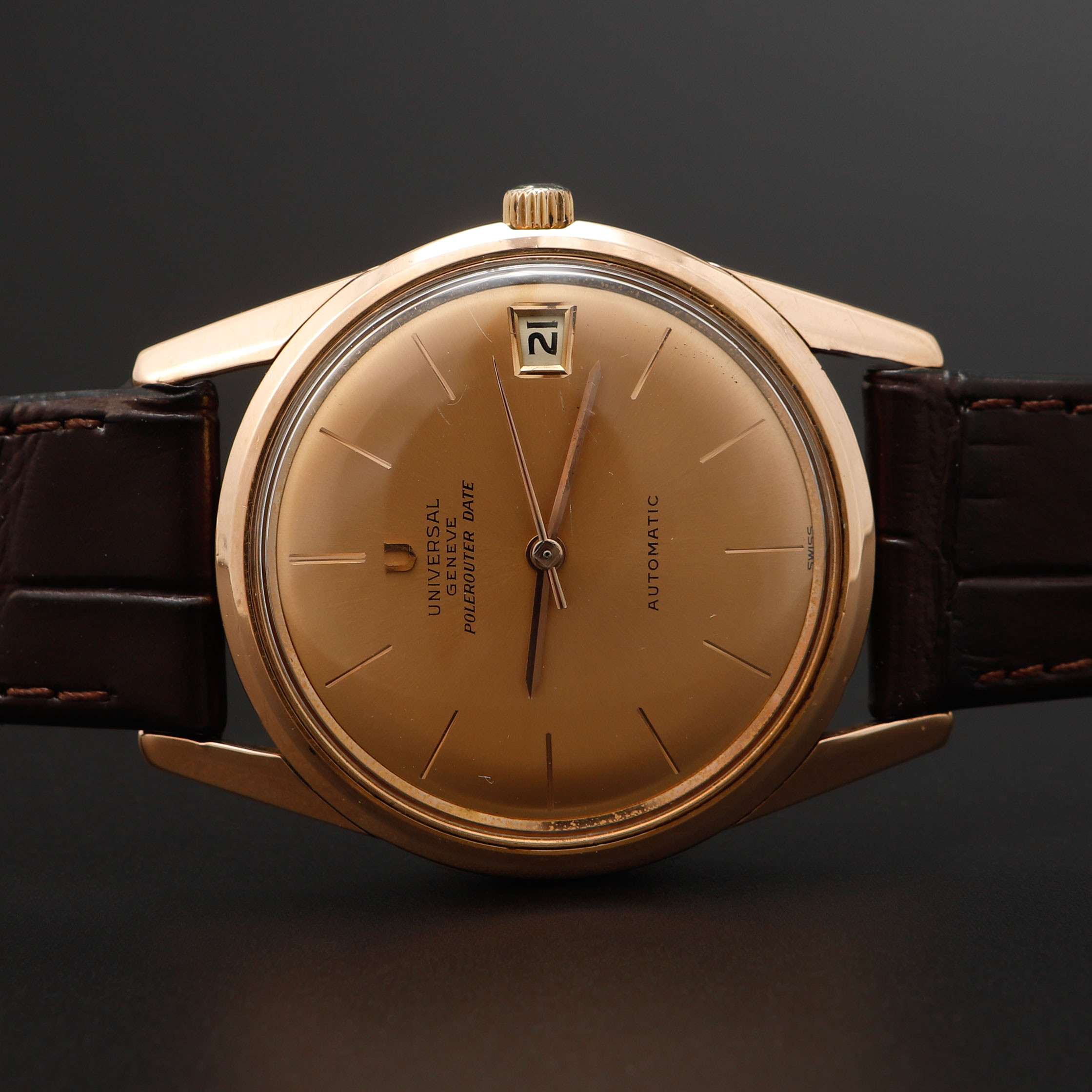 ARMBANDSUR, Universal, Genève, Polerouter Date, 18k roséguld, automatisk, ca 1961.