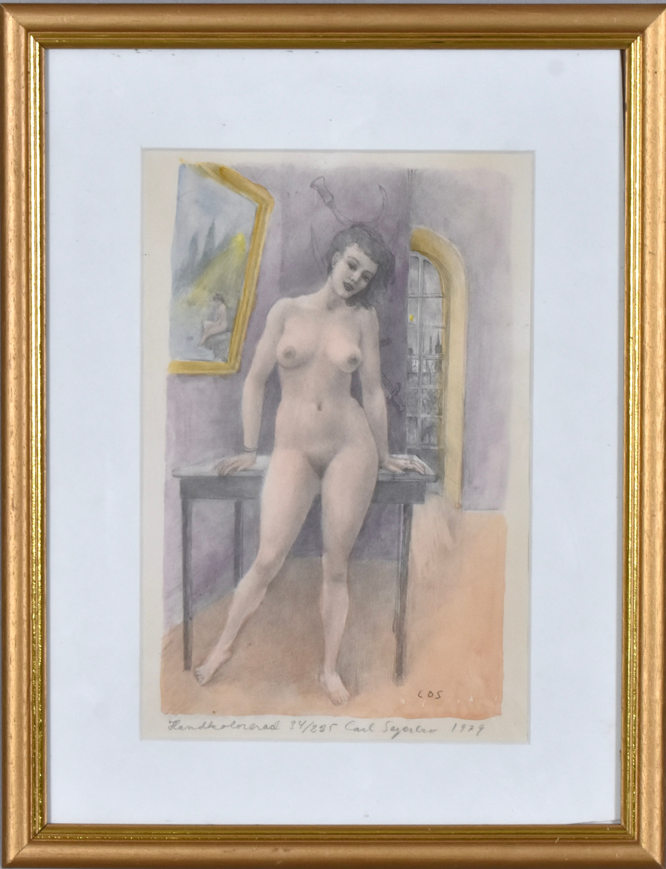 CARL OSCAR SEGERBRO. litografi, handkolorerad, stående akt.