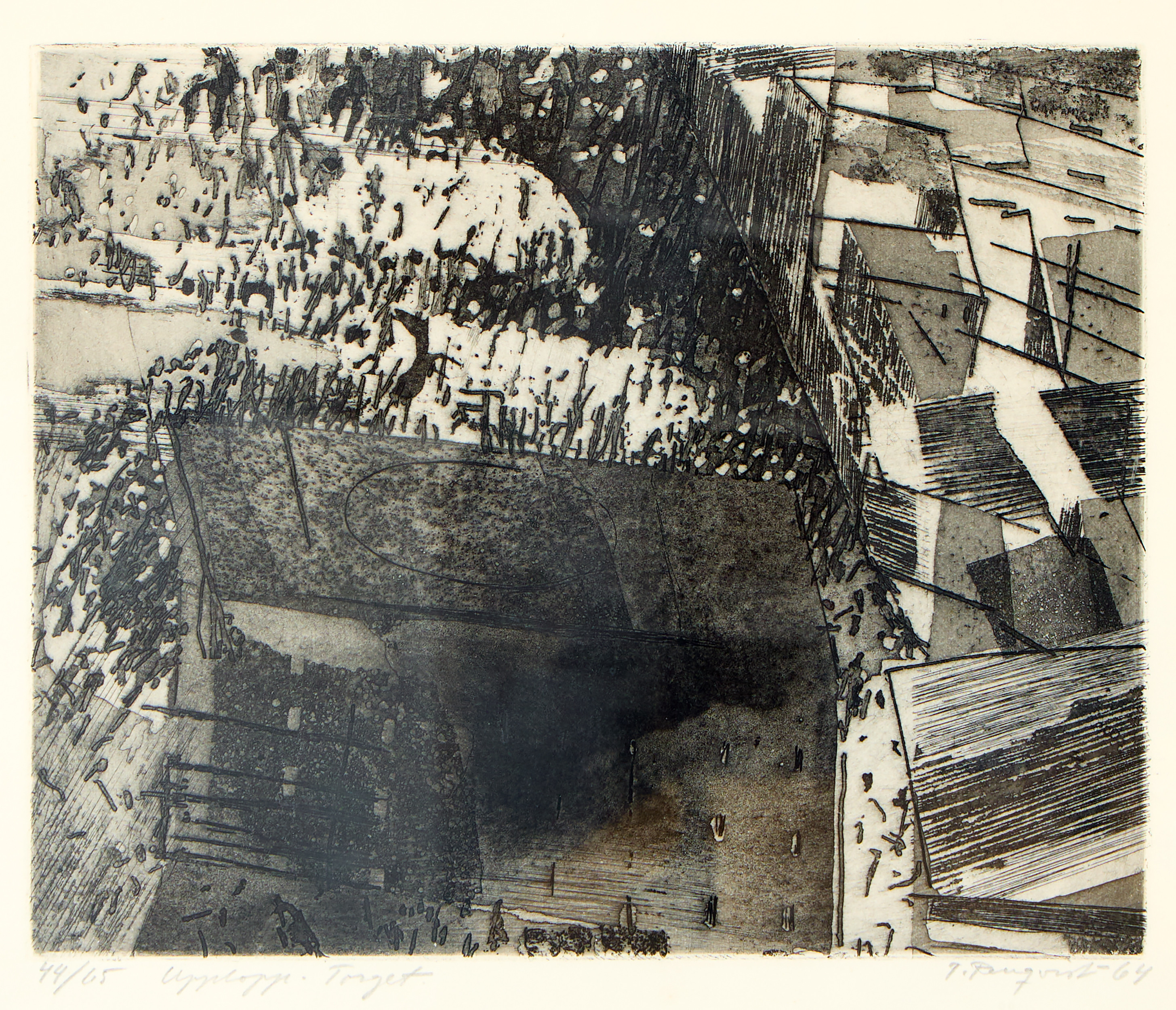 TORSTEN RENQVIST. Etsning, "Upplopp - Torget", signerad T. Renqvist och numrerad 44/65, daterad 64.