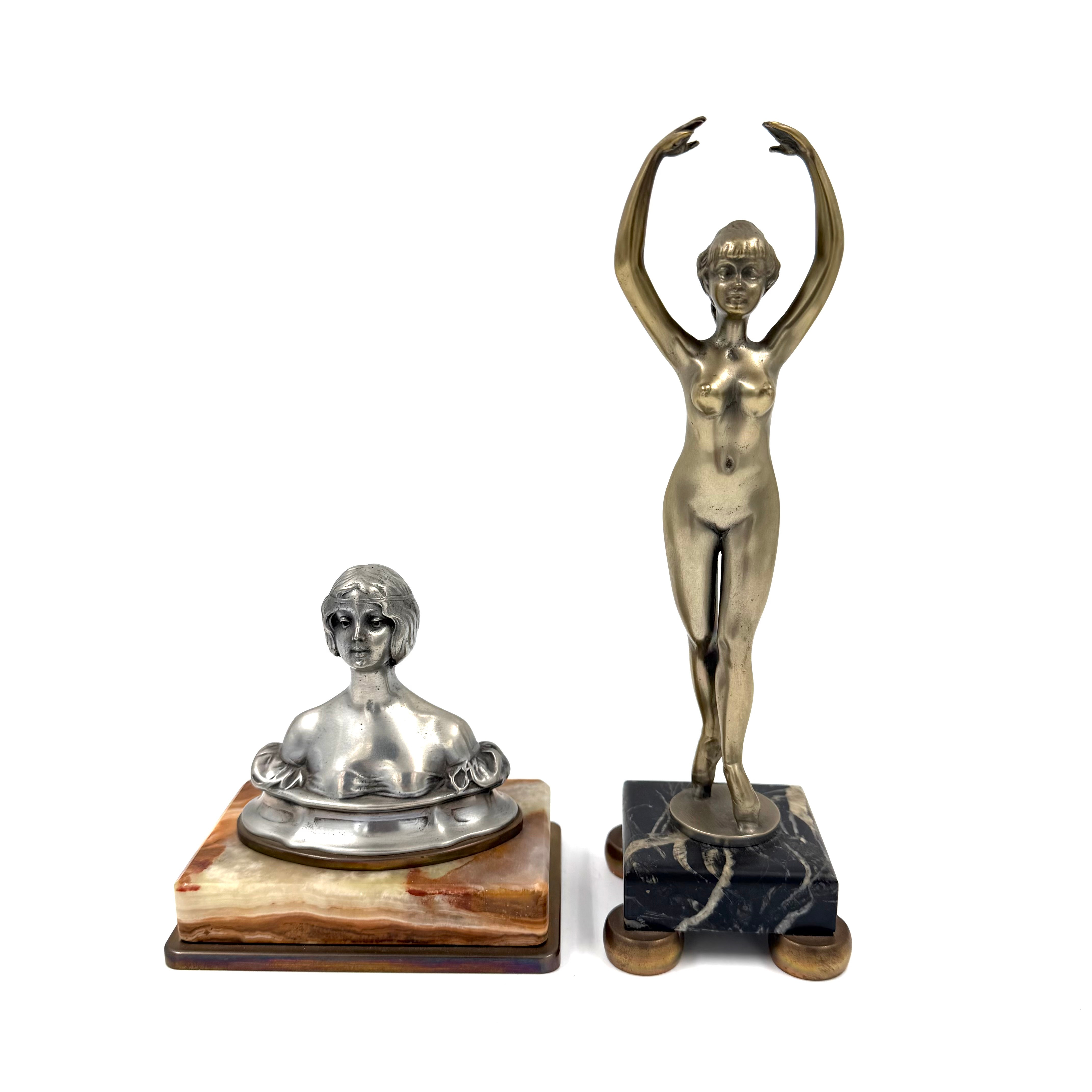 SKULPTURER, 2 st, 1900-tal, metall, bl a ballerina, socklar av sten/ mässing.