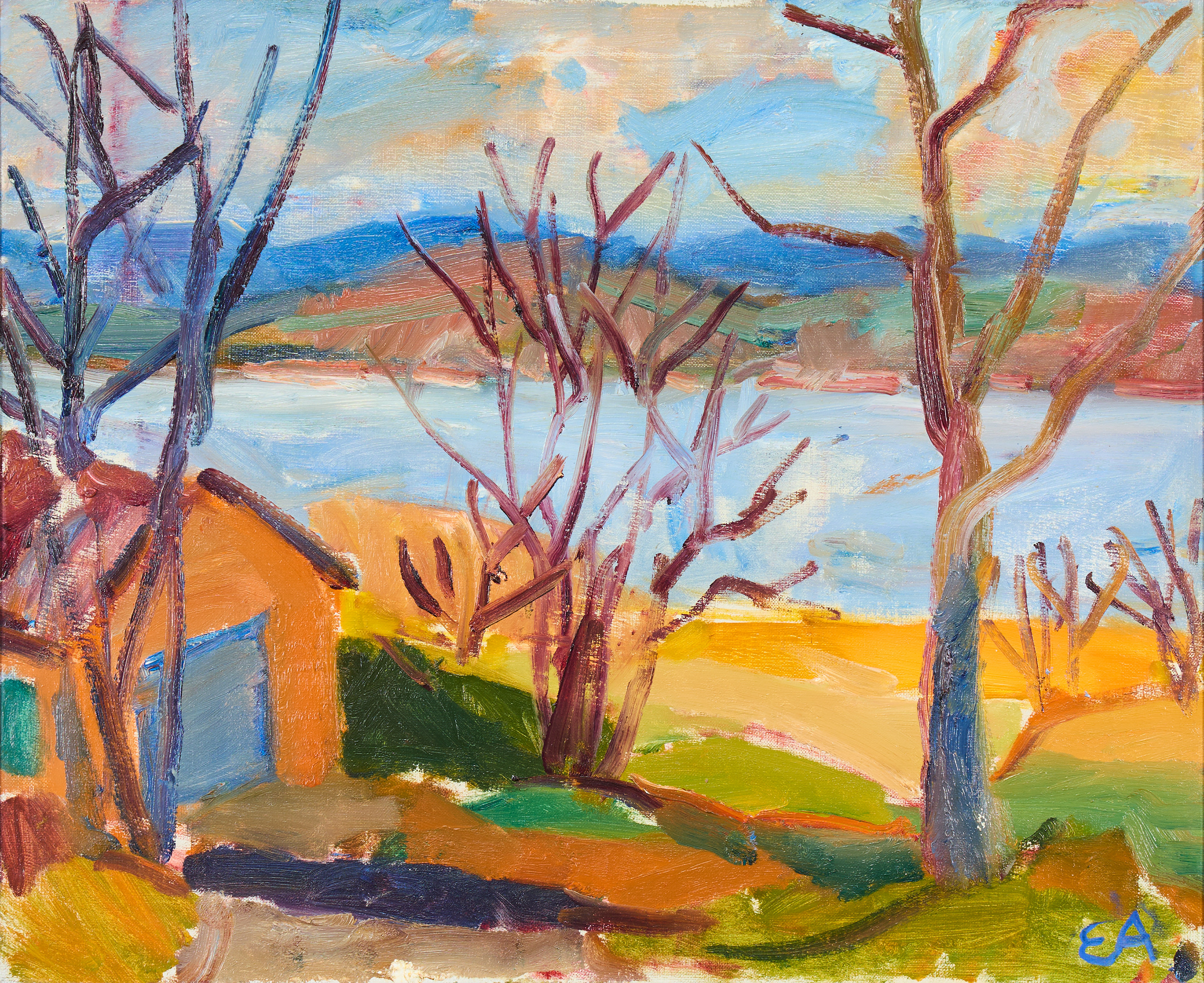 ERLING ÄRLINGSSON. Olja på duk, höstlandskap med hus. Monogramsignerad.