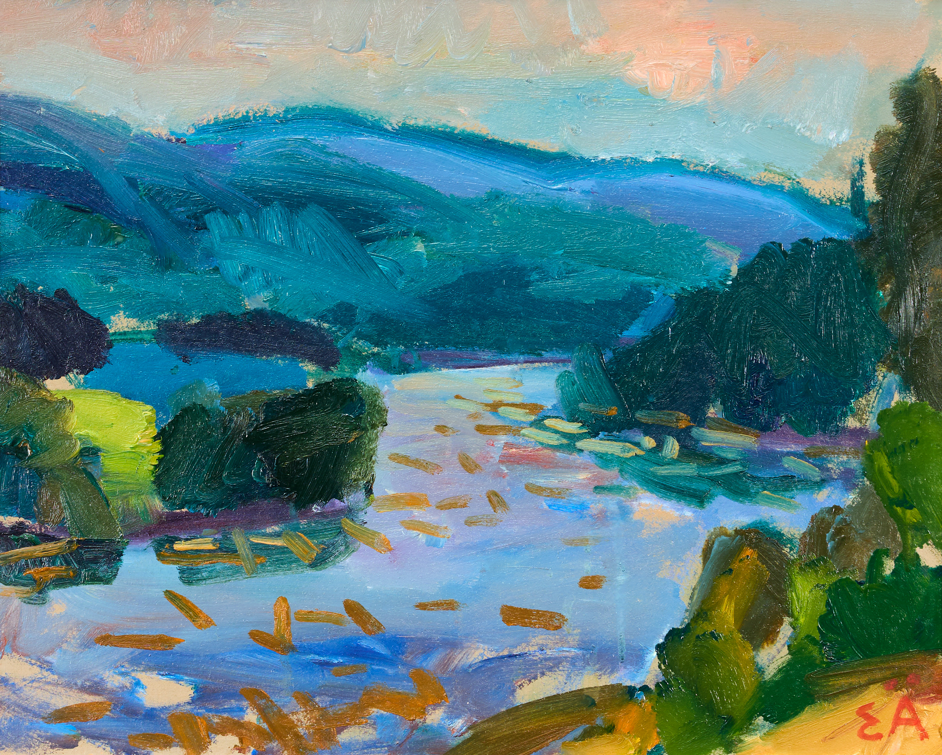 ERLING ÄRLINGSSON. Olja på pannå, älvlandskap. Monogramsignerad.