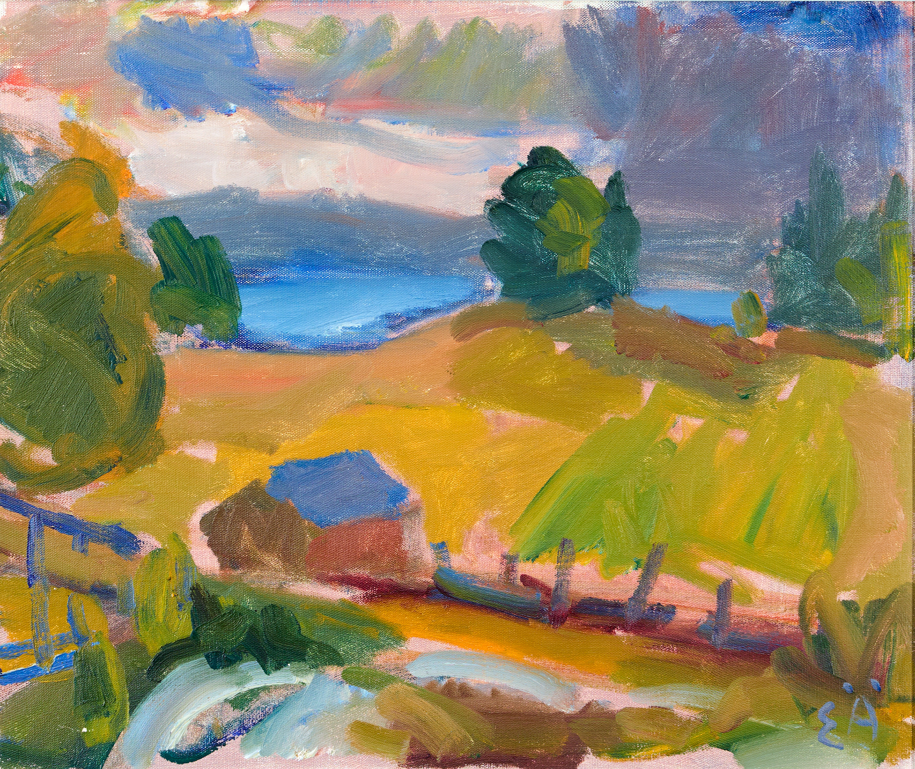 ERLING ÄRLINGSSON. Olja på duk, lanskap med stuga. Monogramsignerad.