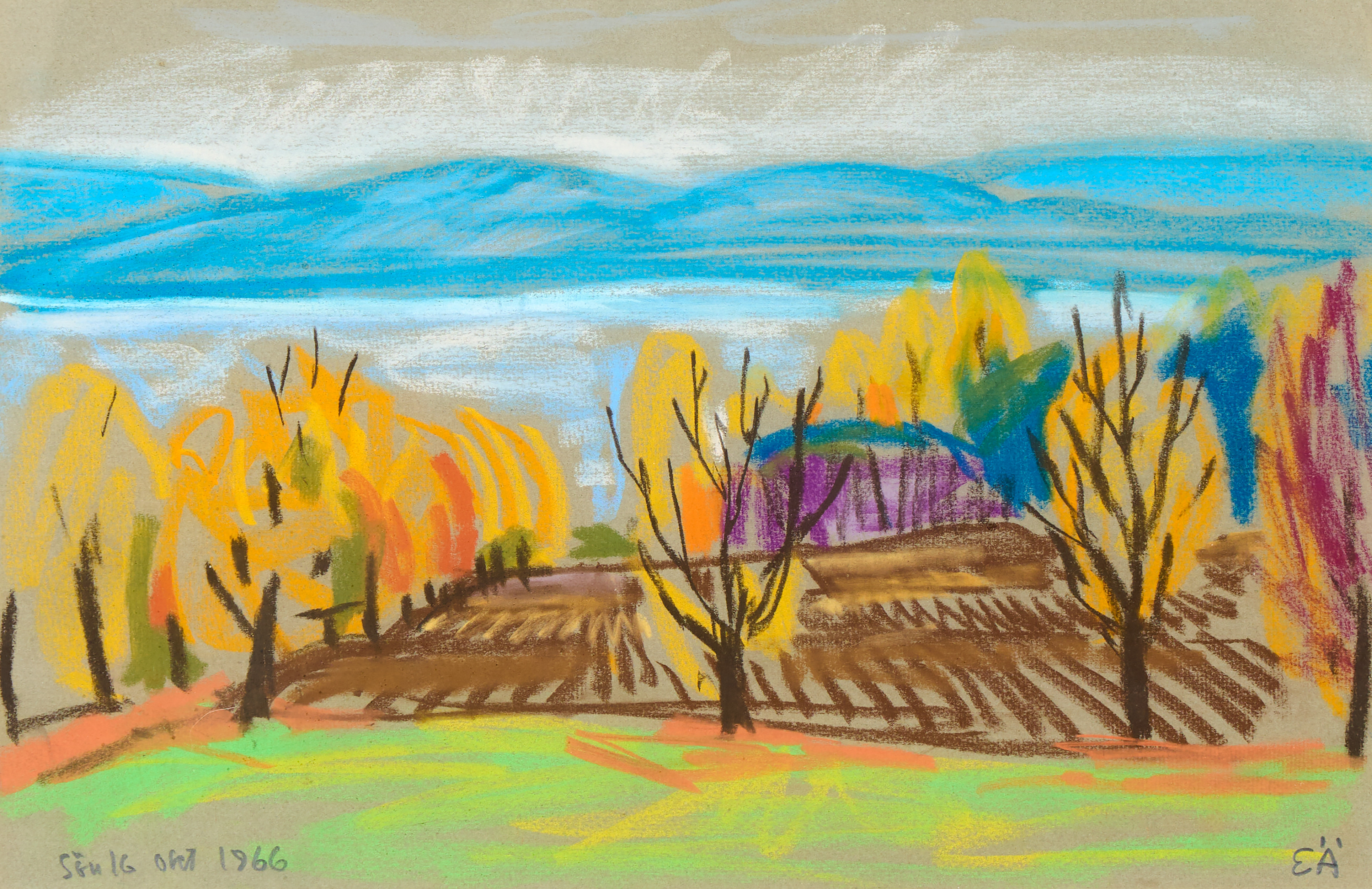ERLING ÄRLINGSSON. Pastell på papper, landskap. Monogramsignerad och daterad Sön 16 okt 1966.