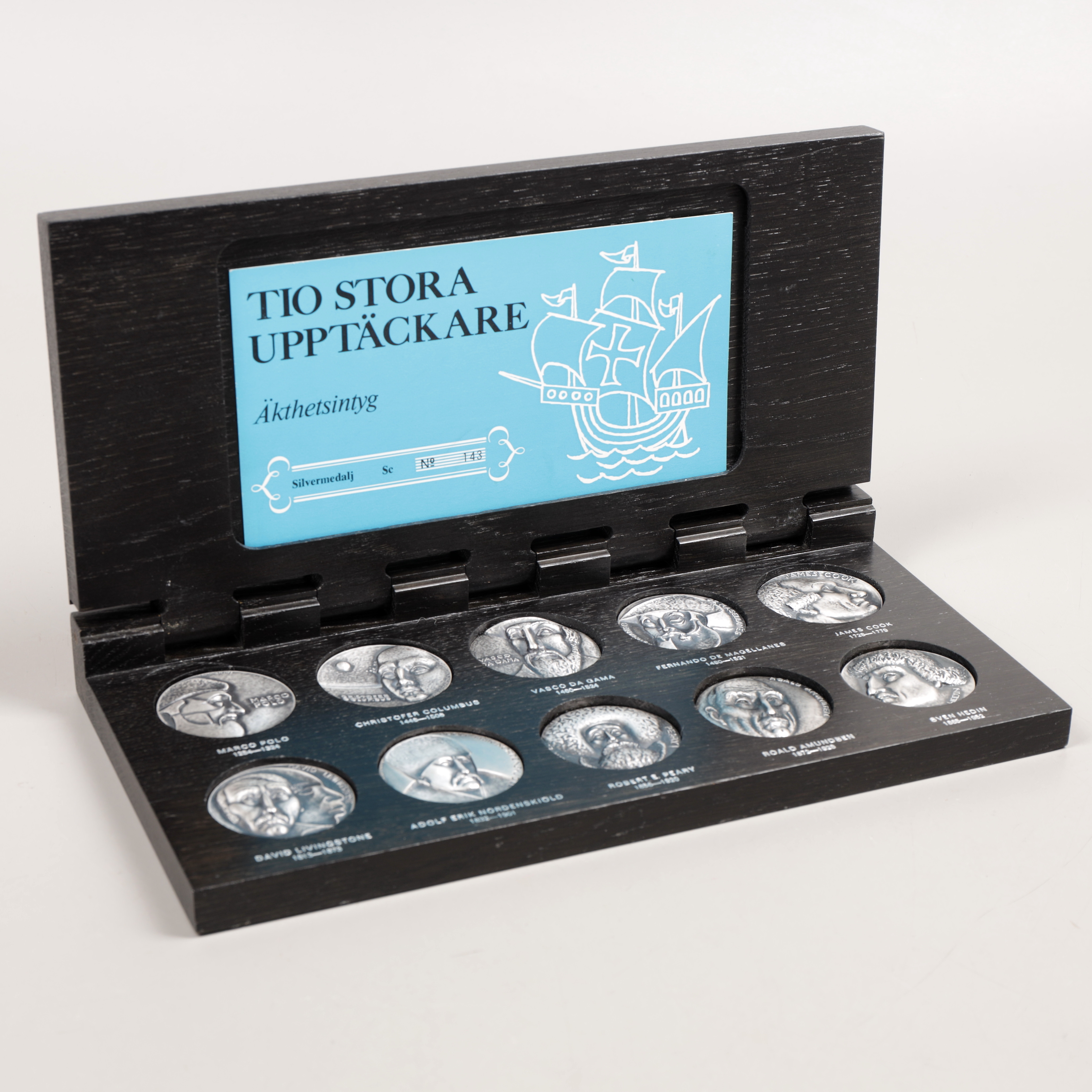 MEDALJER, 10 st, silver, "Tio stora upptäckare", AB Sporrong, 1973, 667 gram.