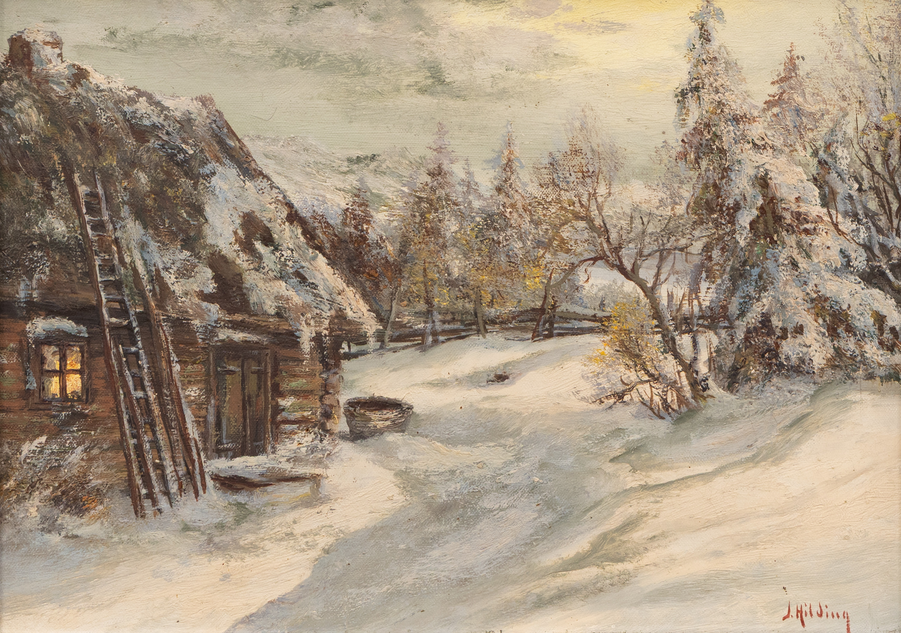 JOHAN HILDING HÄGLEBY. Gårdsplan i snö, olja på duk, signerad.