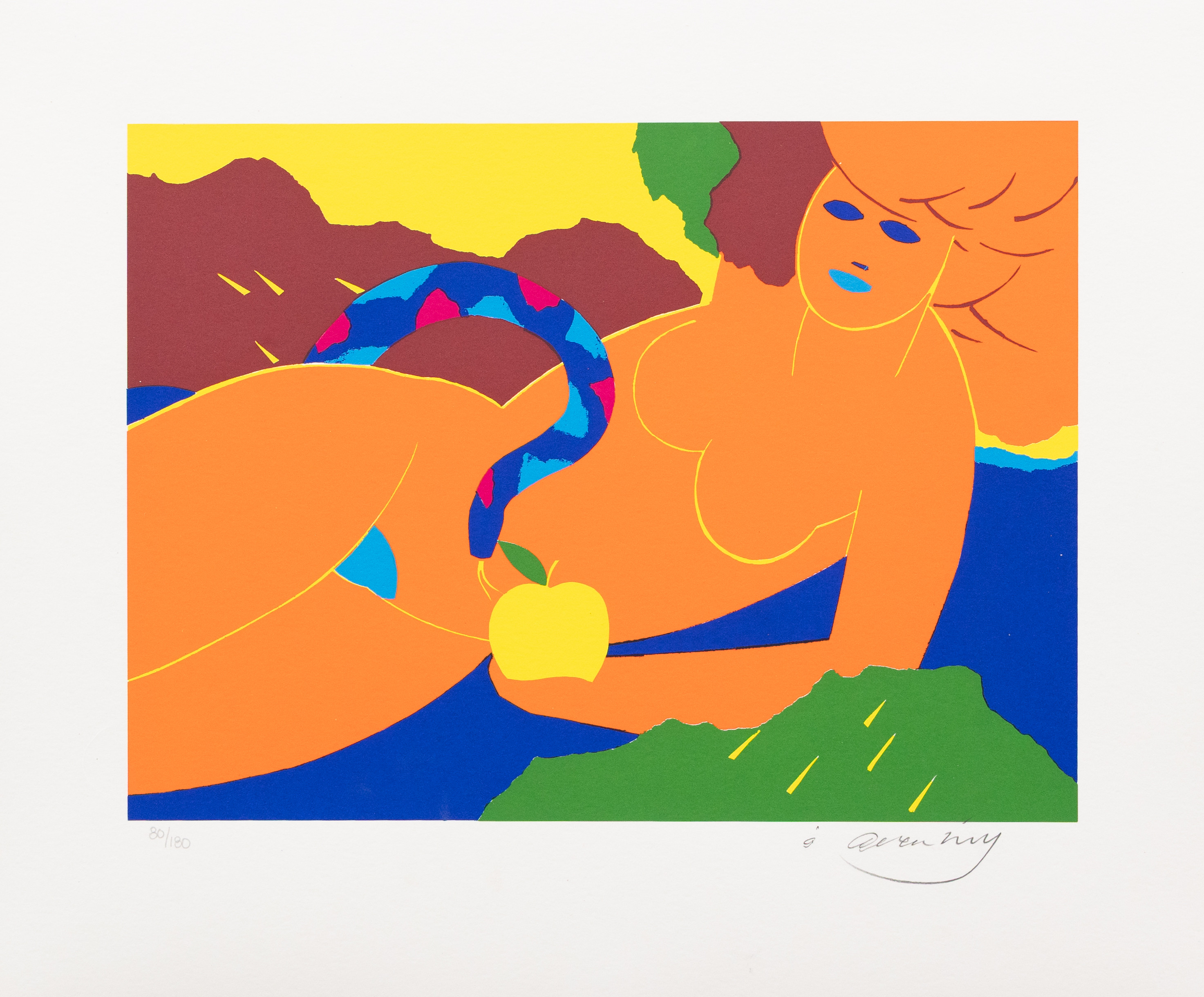 ÅKE ARENHILL. Liggande modell med orm och äpple, litografi nr 80/180, signerad.