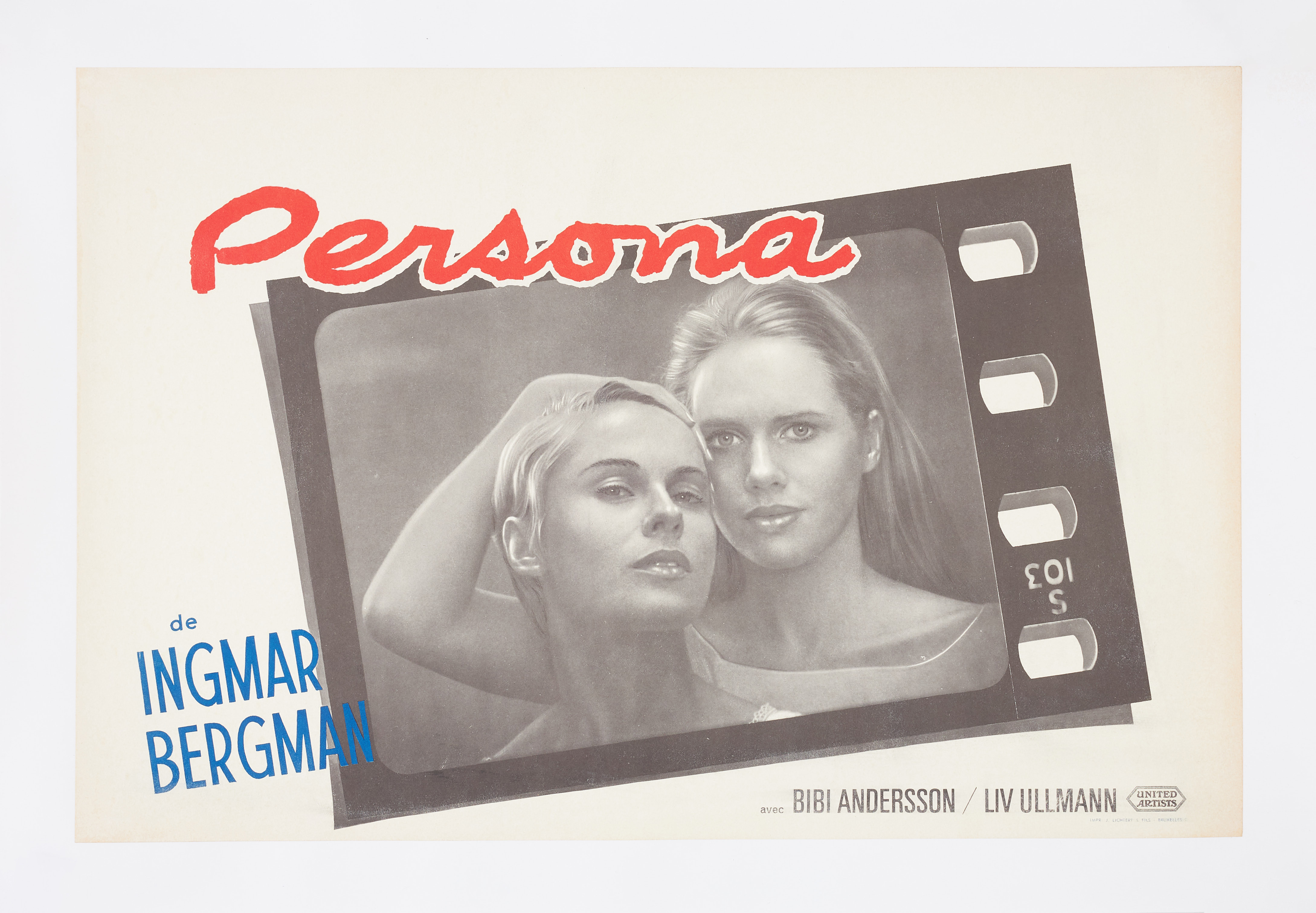 PERSONA, BELGIAN POSTER. 1966, Ingmar Bergman, grafiskt blad uppfodrad på linne.