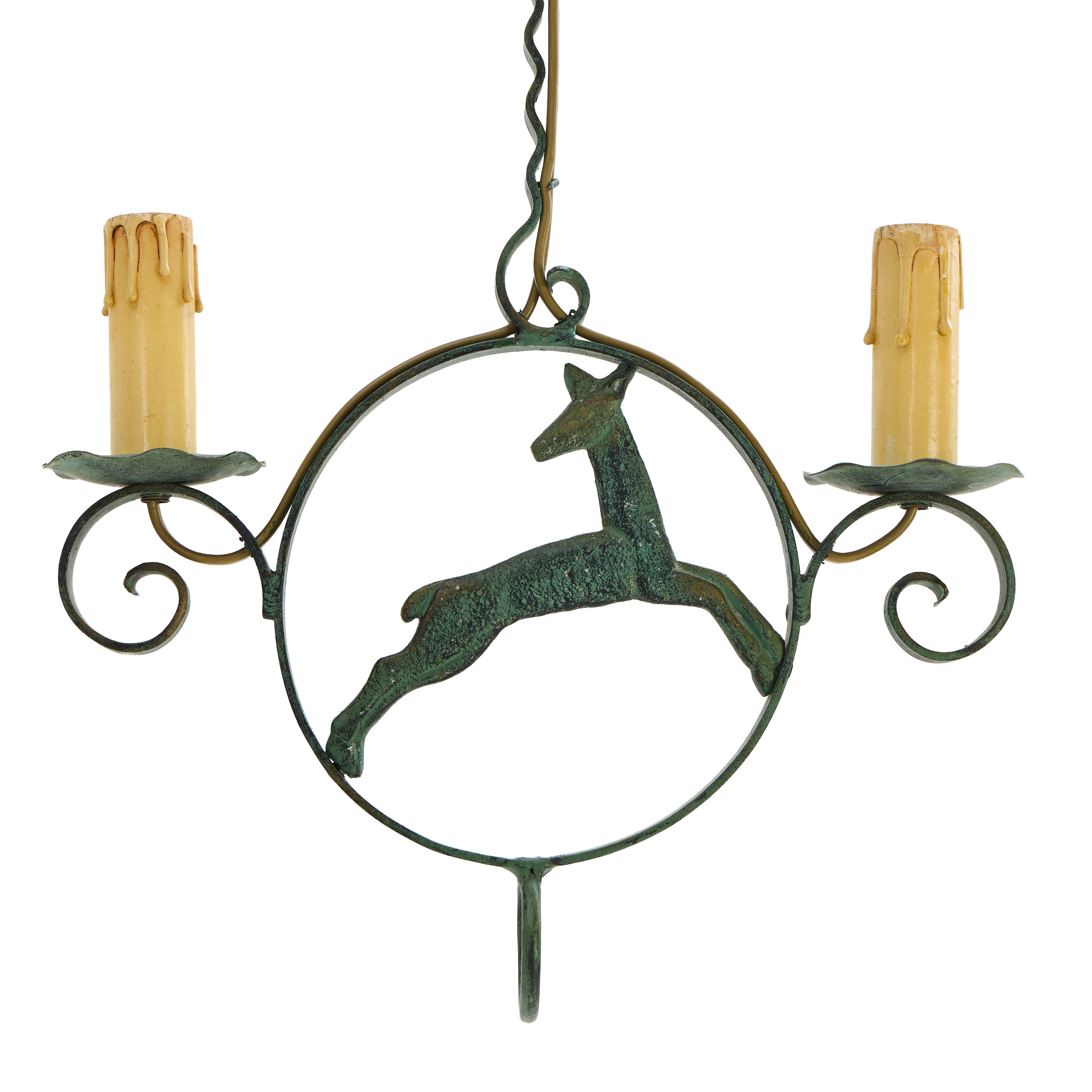 TAKLAMPA, Bjerkås Armatur, Göteborg, 1930-tal, 2 ljuspunkter, patinerad metall, dekor av hind.