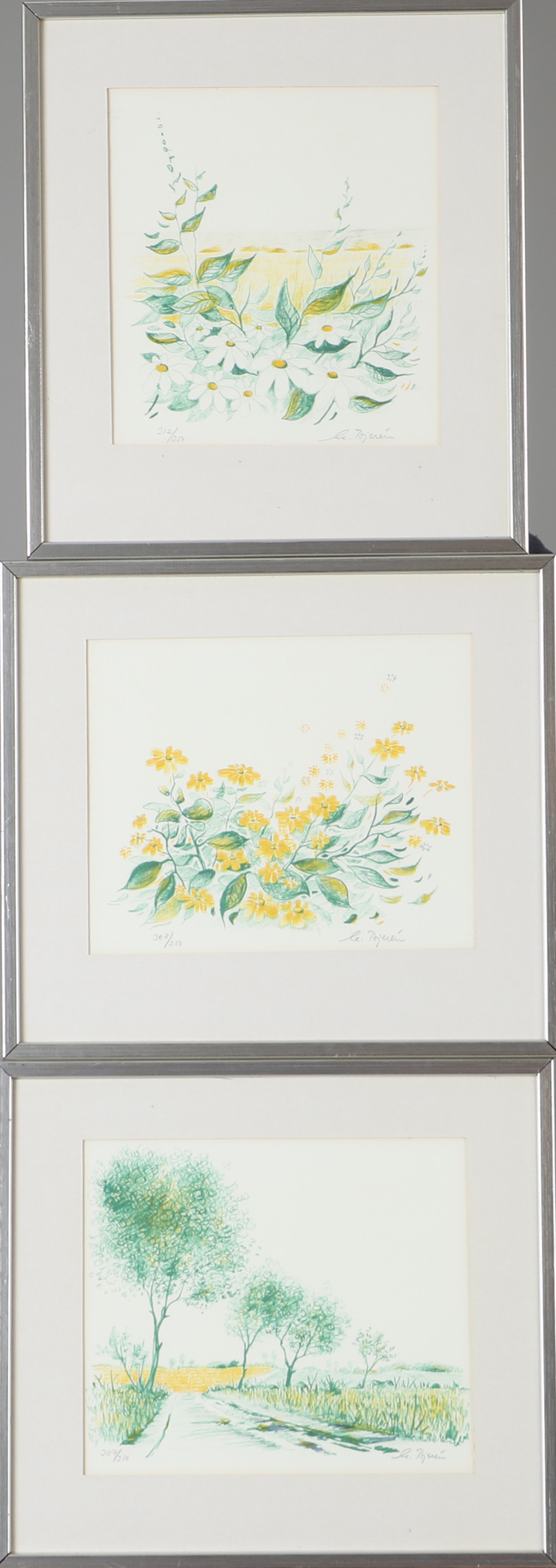 EKE BJERÉN. Sommarlandskap, 3 stycken färglitografier, signerade.