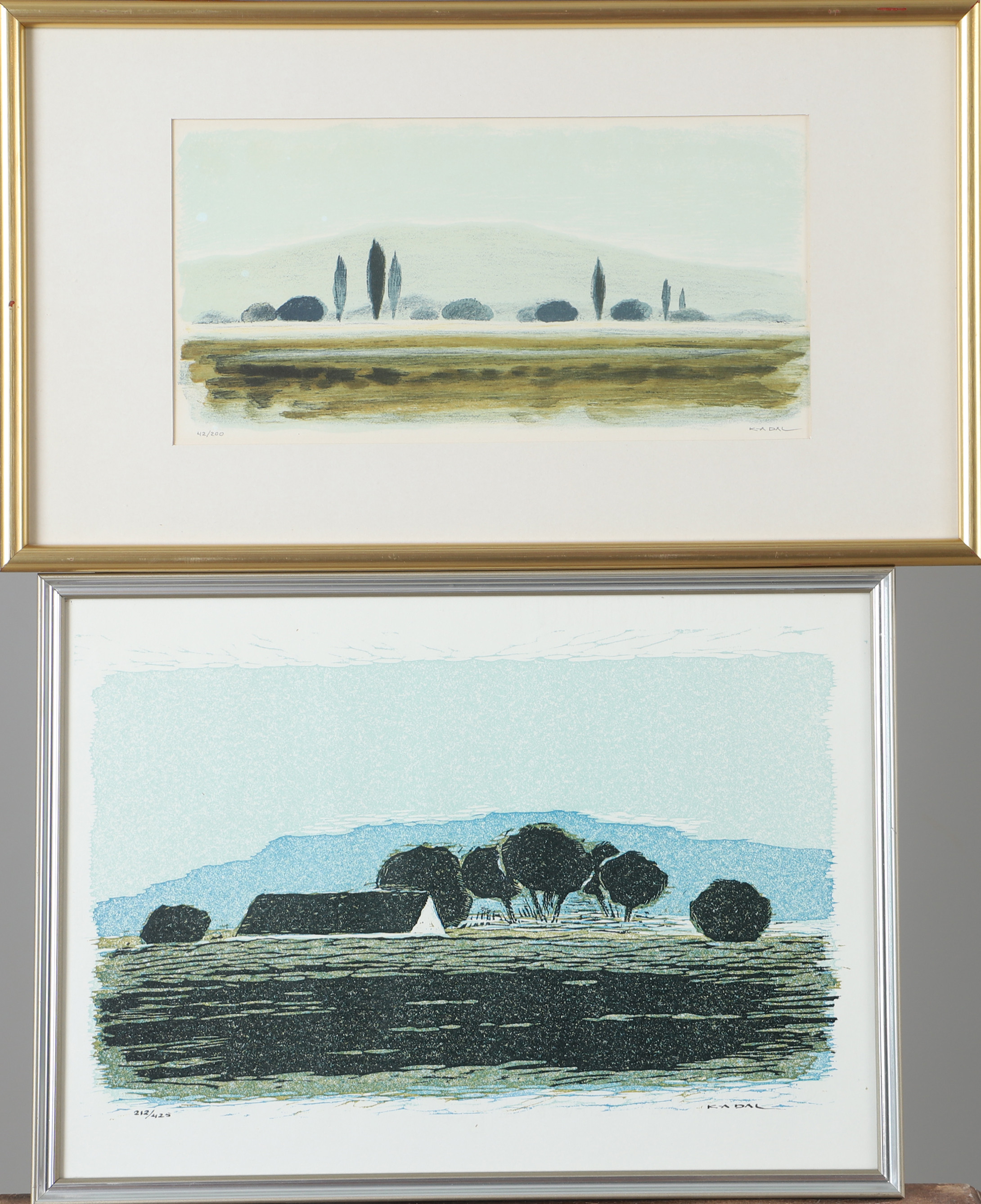 KARL ARVID DAL. Landskap, 2 stycken färglitografier, signerade K.A. Dal.