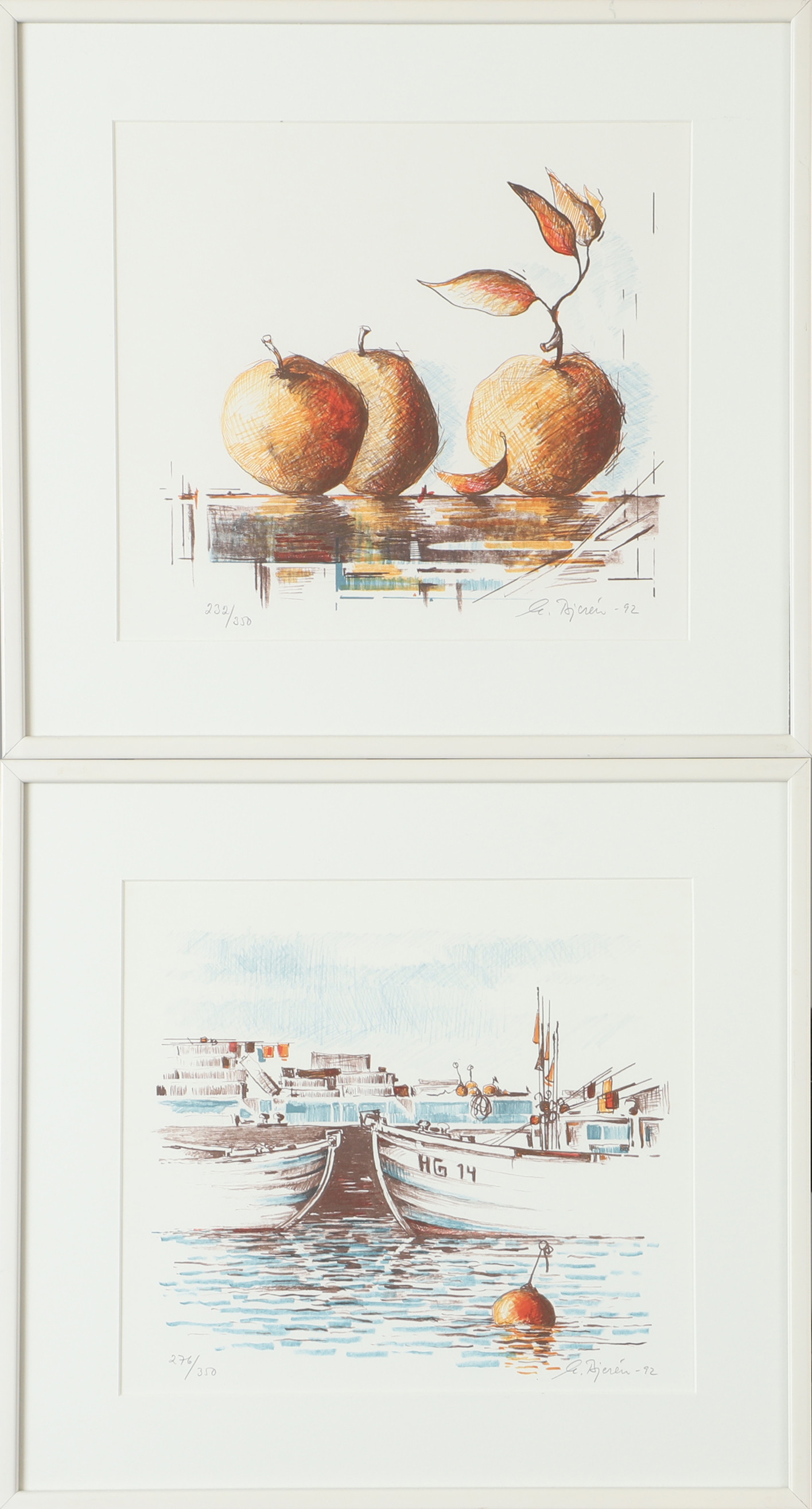 EKE BJERÉN. Hamn samt stilleben, 2 stycken, färglitografier, signerade E. Bjerén -92.