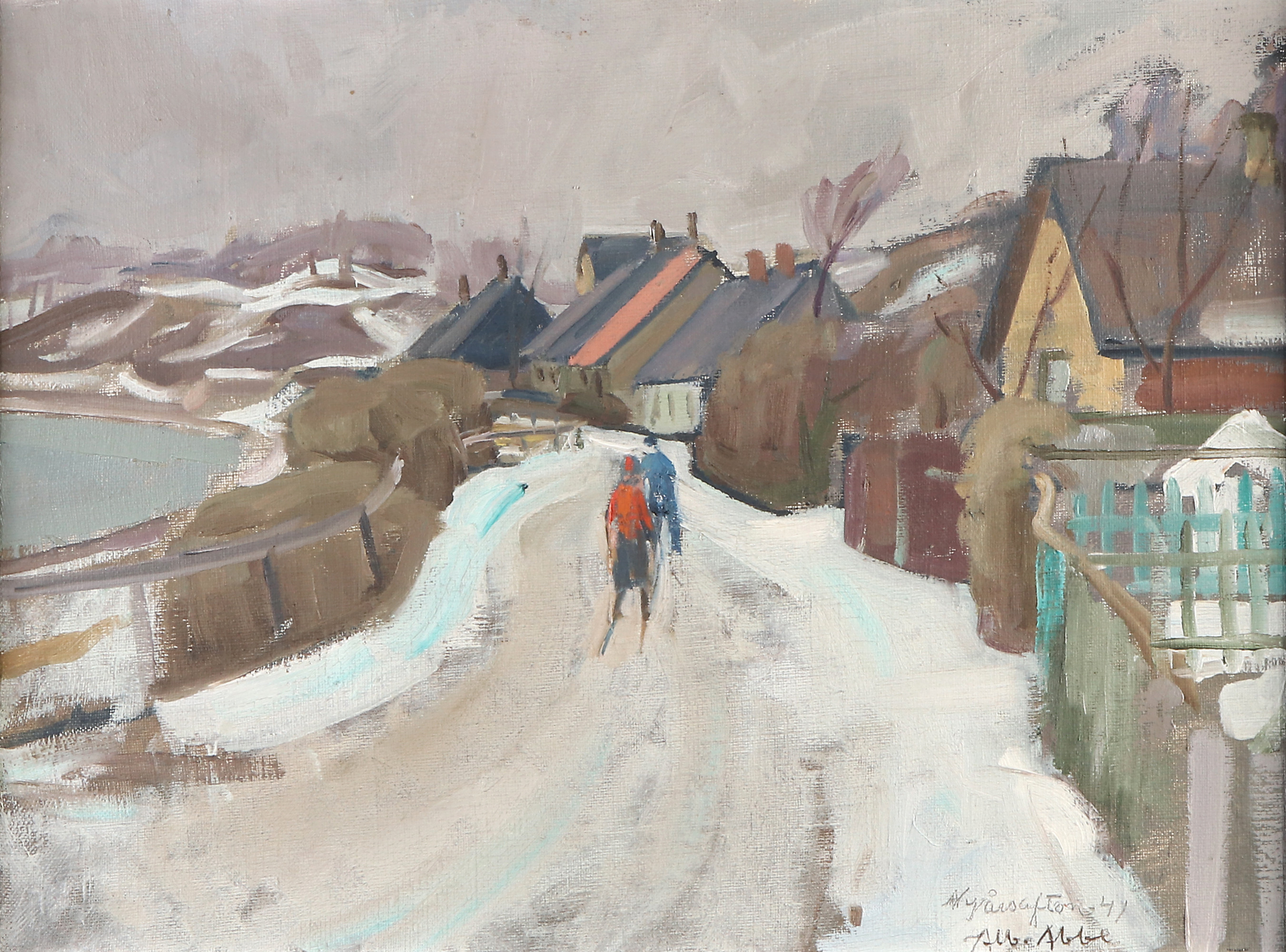 ALBERT ABBE. Oljemålning på duk. "Gata i Ålabodarna, vinter". Signerad och daterad nyårsafton -41.