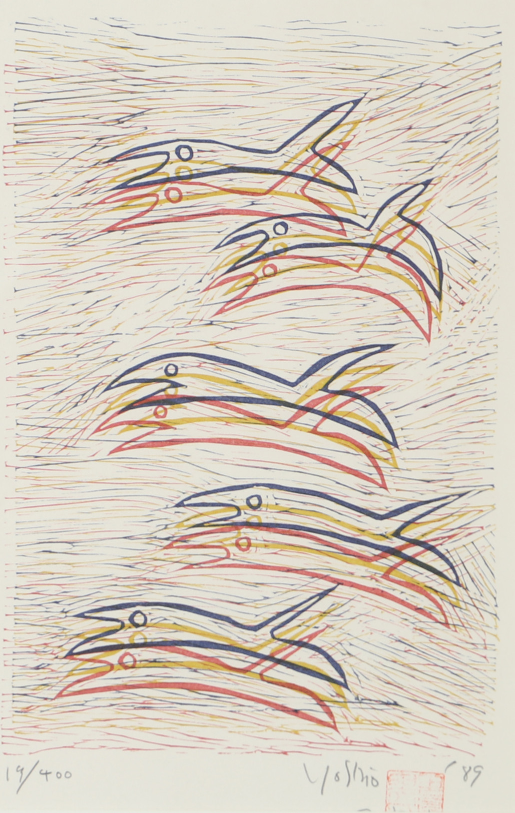 YOSHIO NAKAJIMA. Komposition med fiskar, färglitografi, signerad -89.