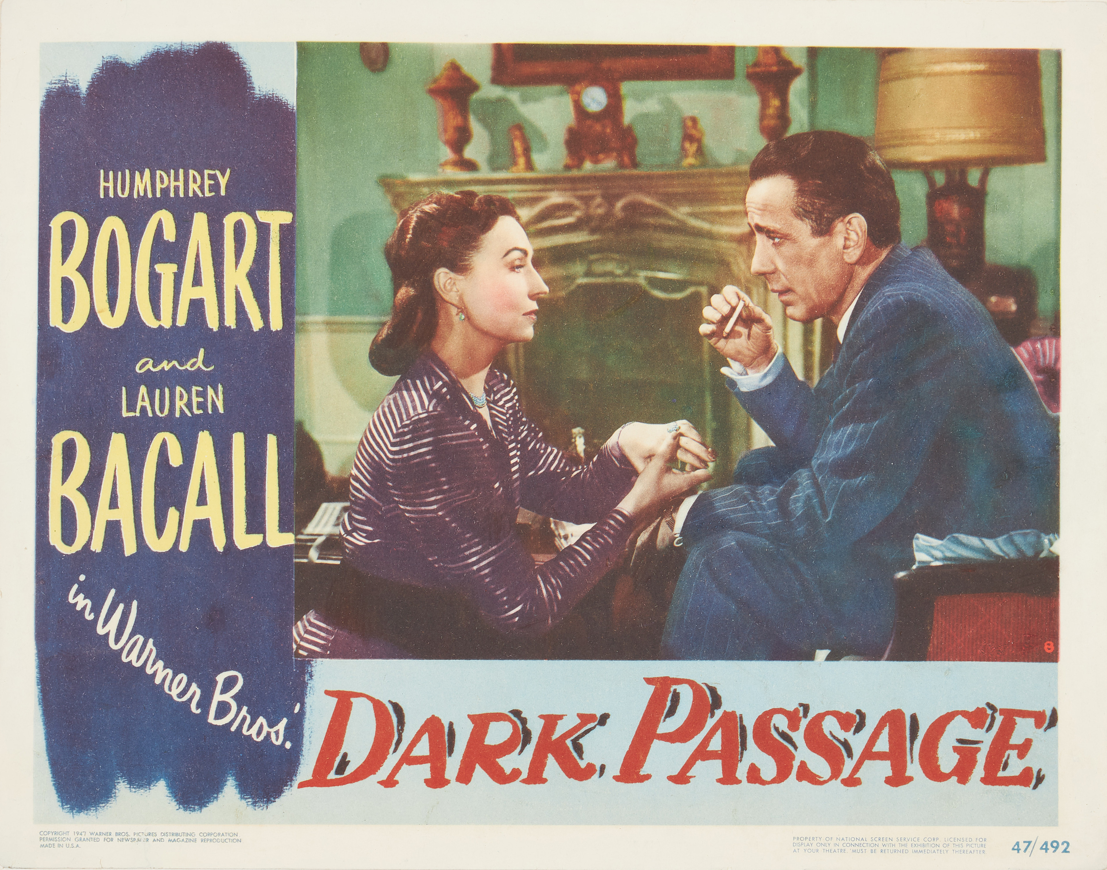 DARK PASSAGE, LOBBY CARD USA. 1947, grafiskt blad, Humphrey Bogart & Lauren Bacall.