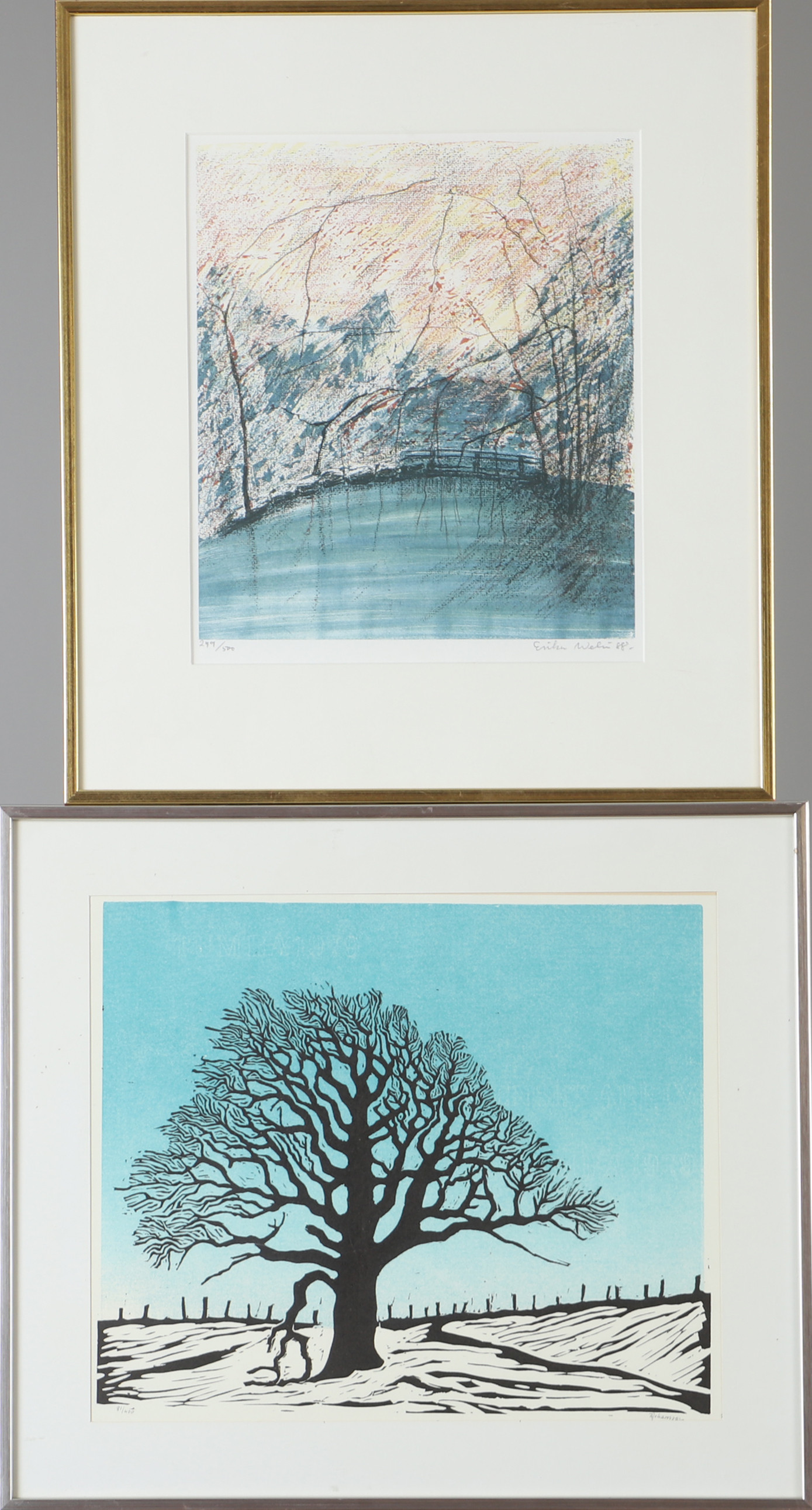 ERIKA WELIN SAMT A. JOHANSSON. 2 stycken färglitografier, signerade.