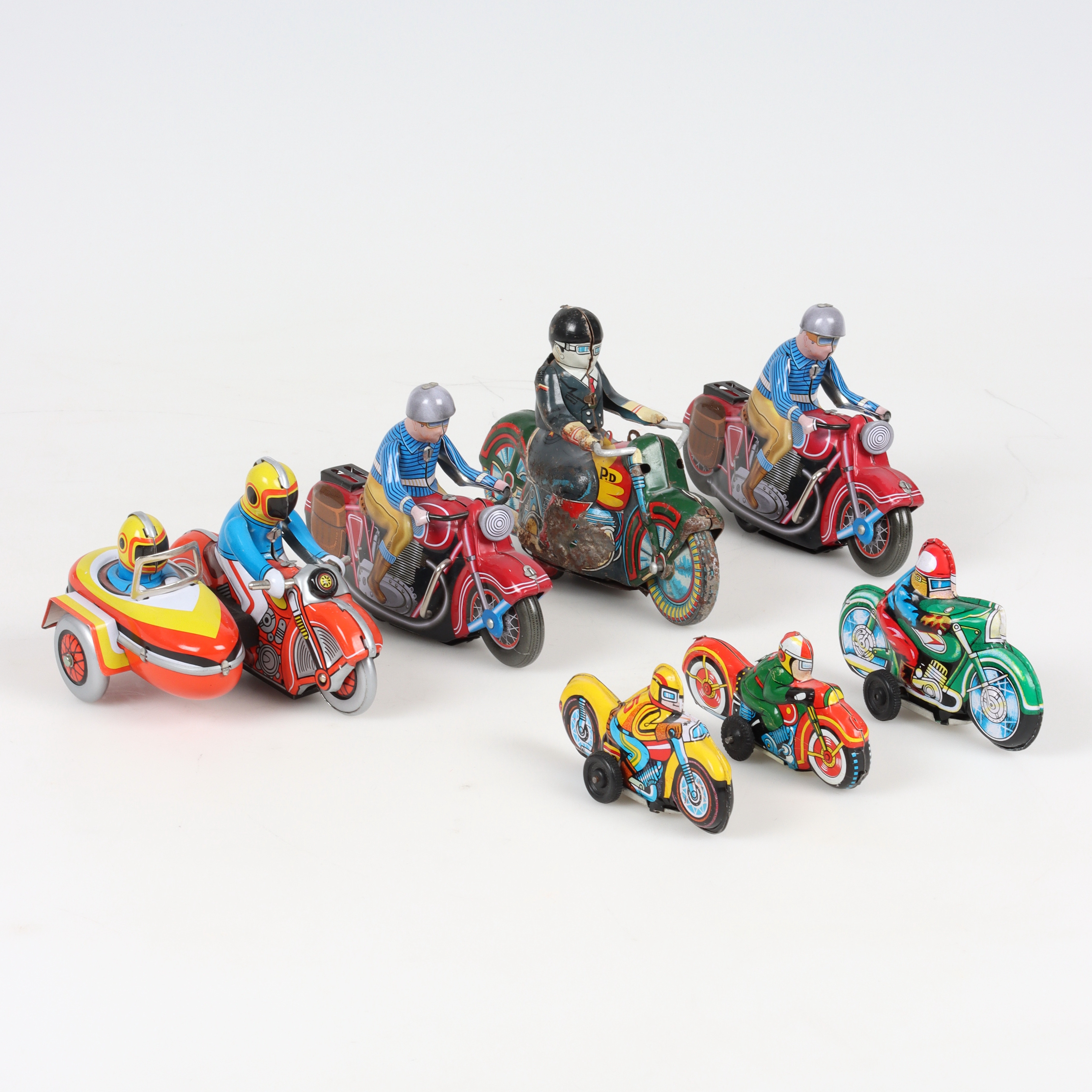 MOTORCYKLAR, 7 st, litograferad plåt, Kina och Japan, 1900-talets andra hälft.