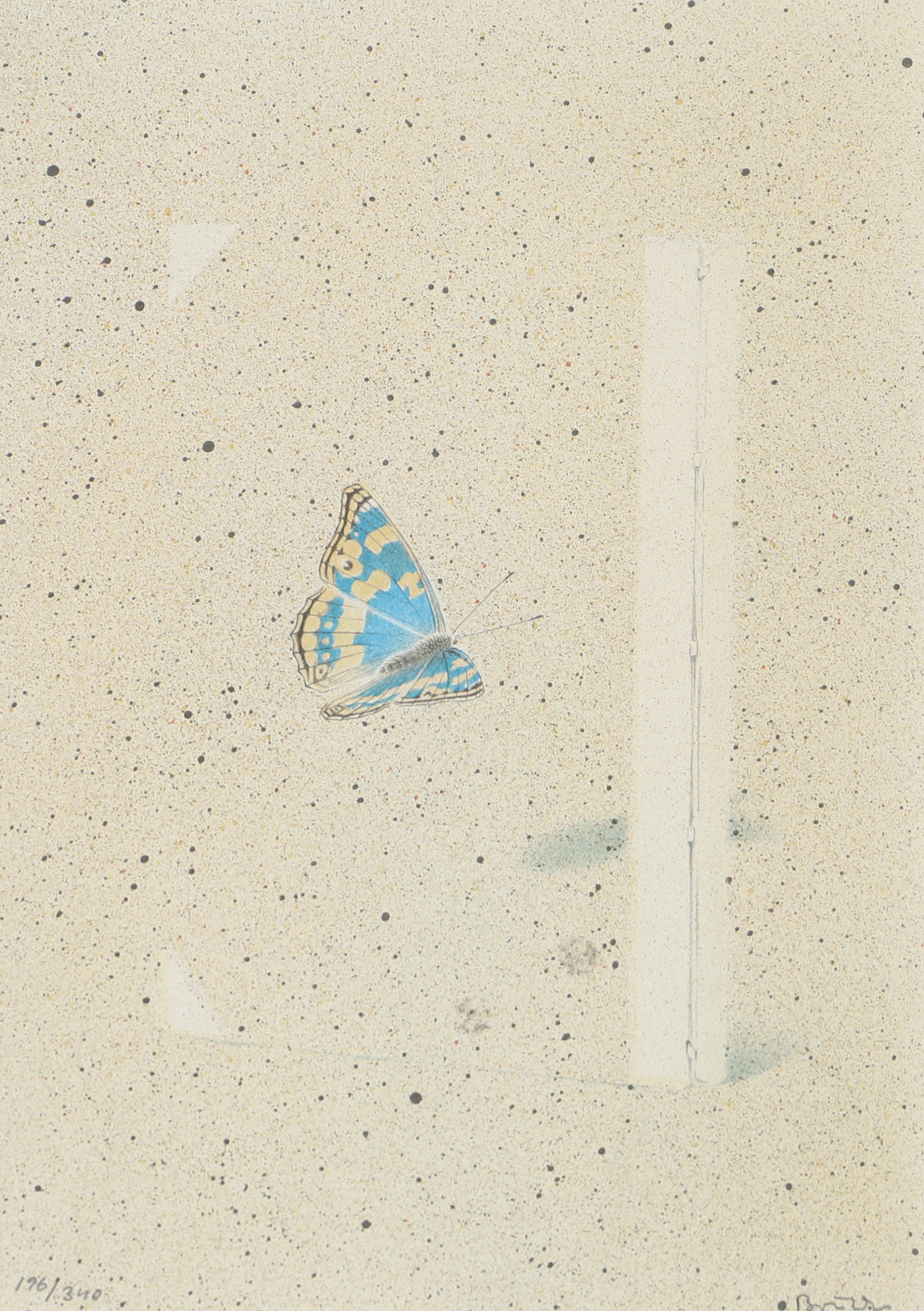 BJÖRN DAHL. Komposition med fjäril, färglitografi, signerad.