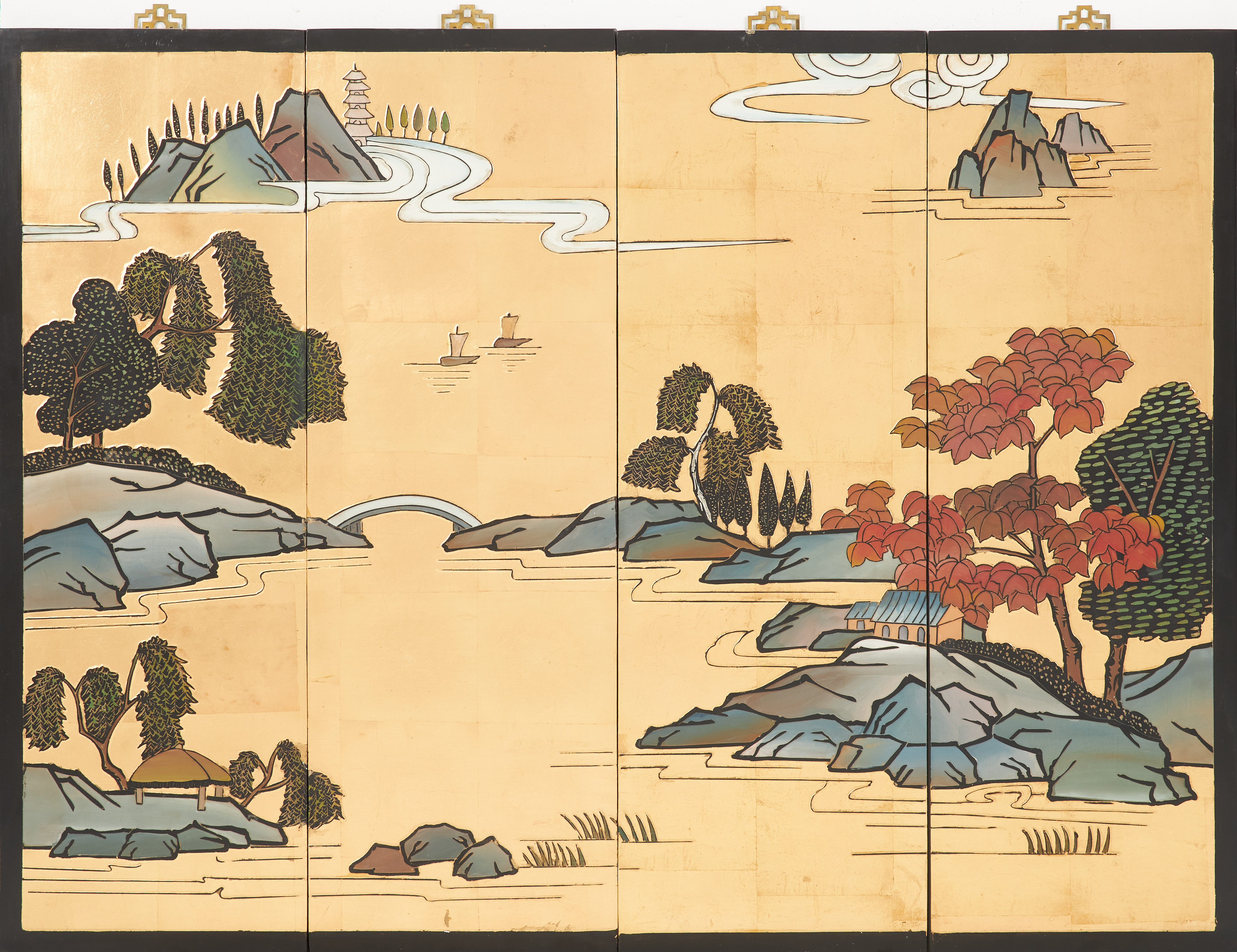 VÄGGTAVLA, 4 dlr, Kina, flodlandskap med förgylld dekor.
