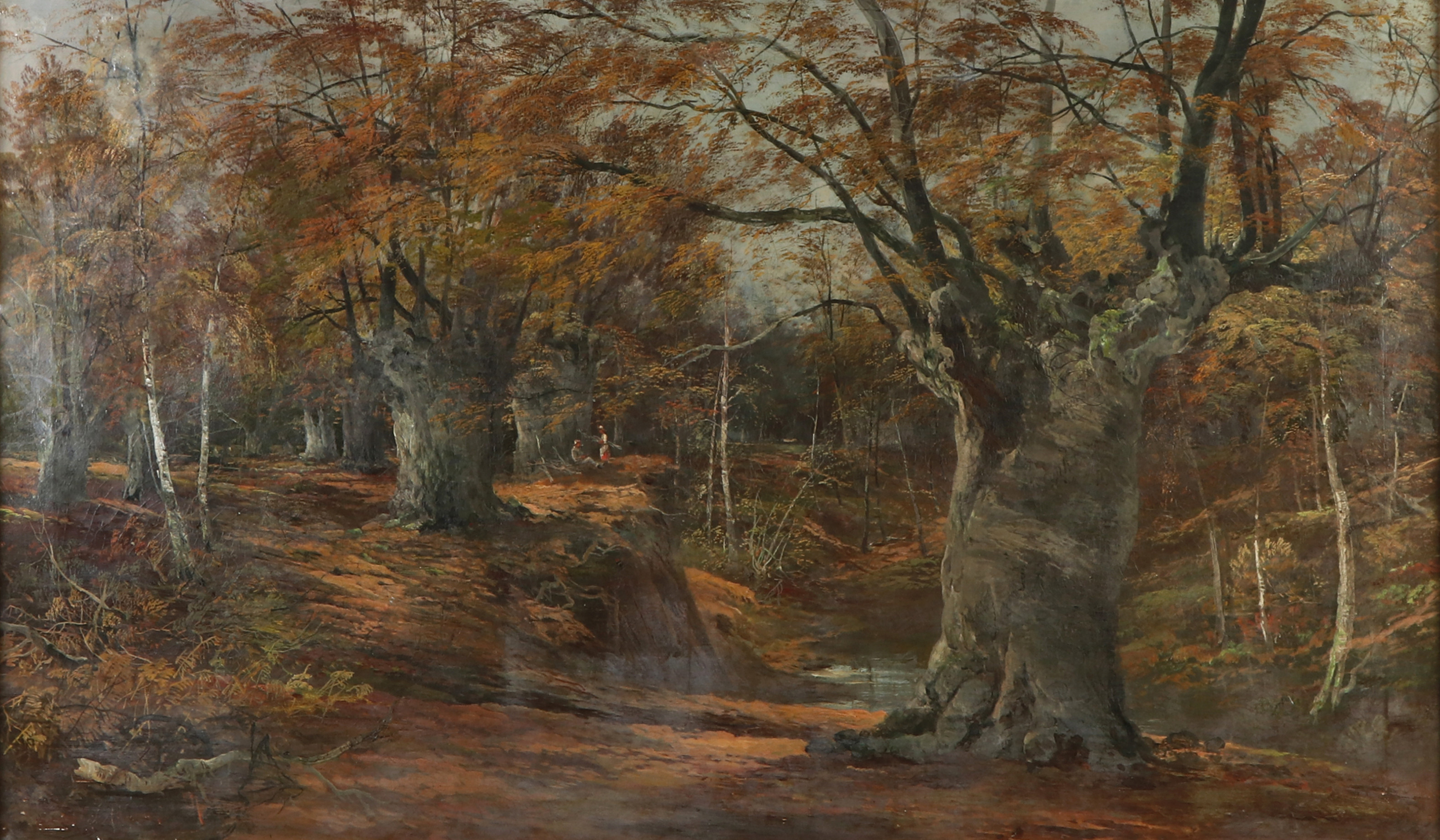 OKÄND KONSTNÄR. Oljemålning på duk. 1800-tal. Skogsinteriör. Troligen England.
