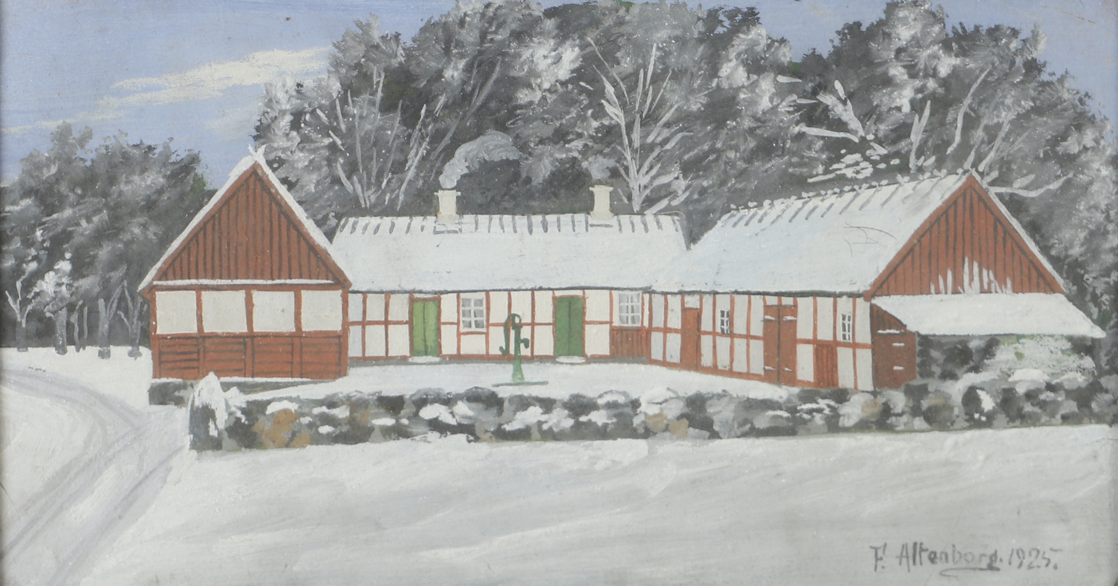 OIDENTIFIERAD KONSTNÄR. Korsvirkesgård, blandteknik, signerad F. Altenborg 1925.