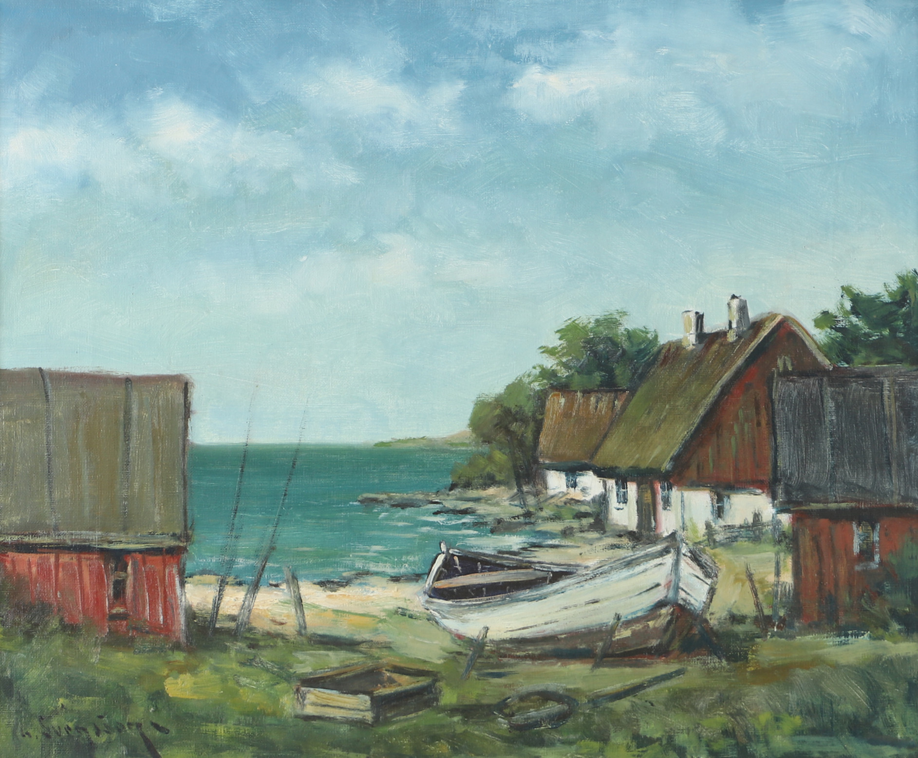 GUNNAR SVENSSON. Kustparti med hus och båt, olja på duk, signerad G. Svensson.