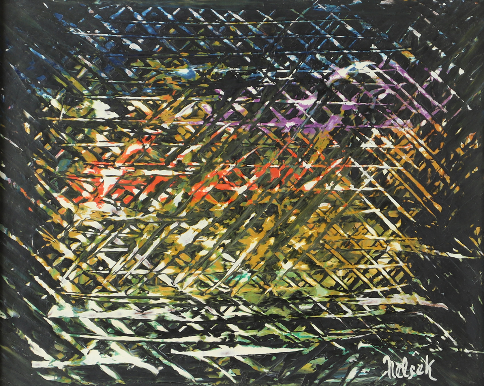 OIDENTIFIERAD KONSTNÄR. Komposition, olja på pannå, signerad Nelsek.