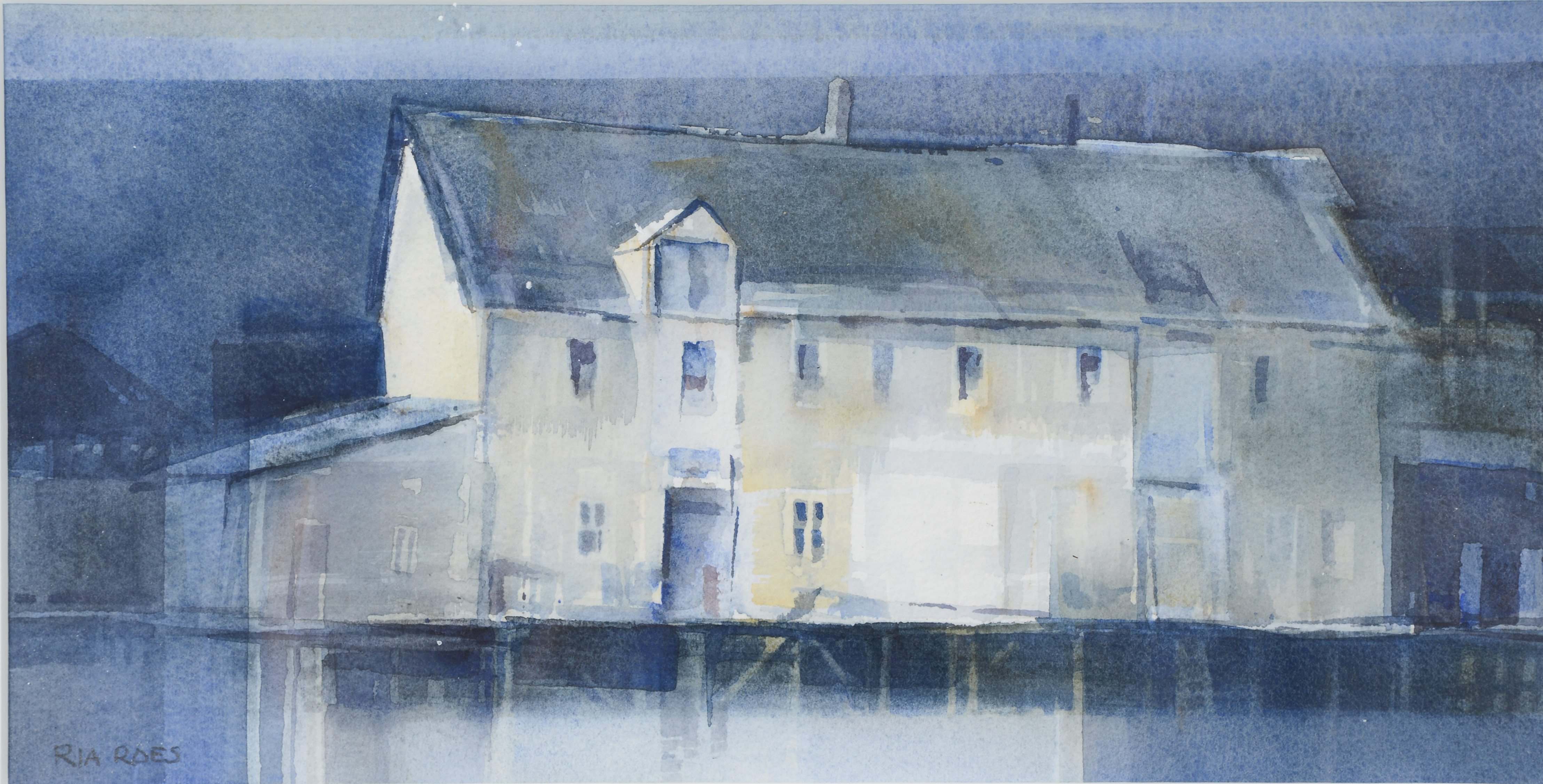 RIA ROES SCHWARTS. "Fiskeri, Skrova, Lofoten", akvarell på papper, signerad.