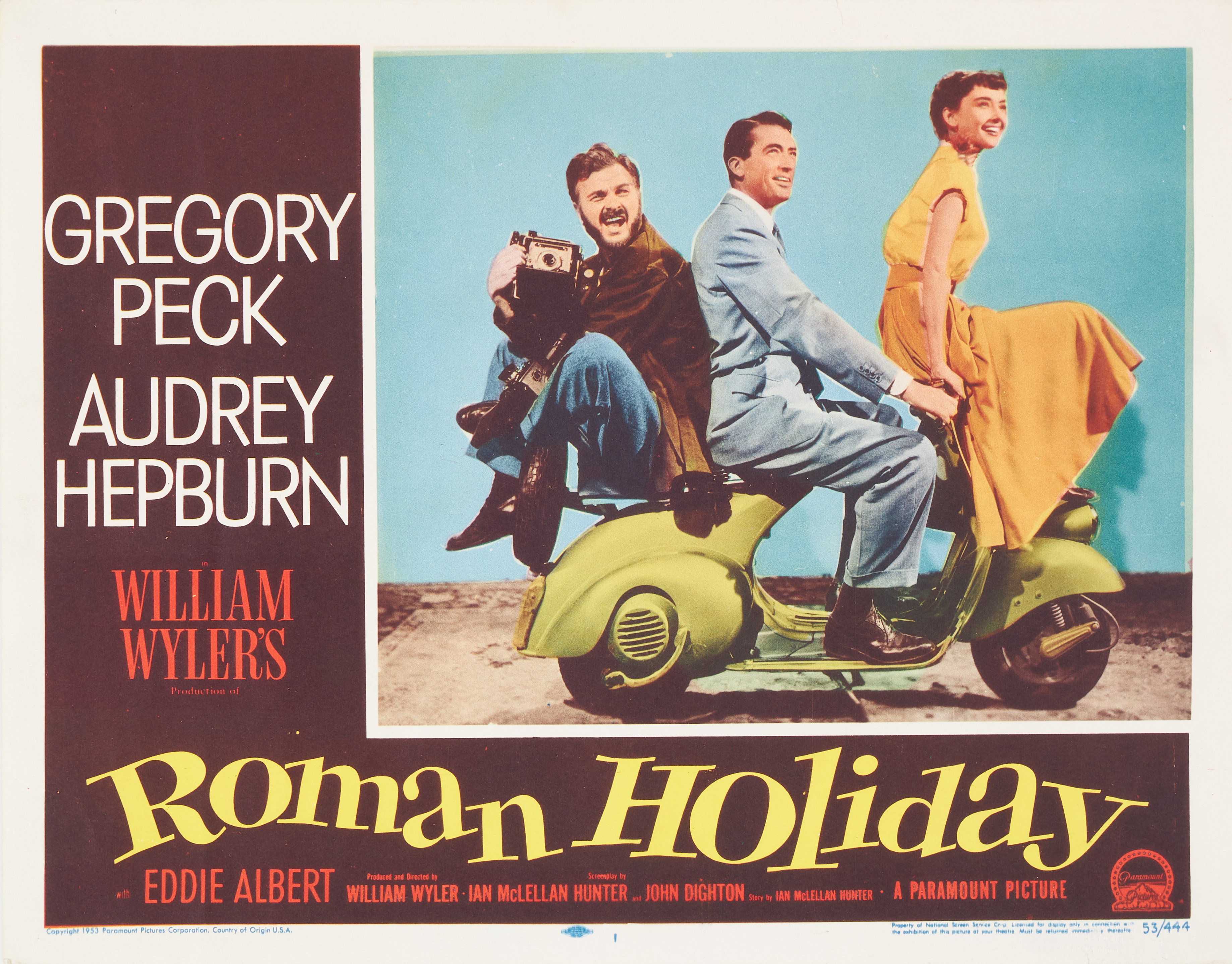 ROMAN HOLIDAY, LOBBY CARD, USA. 1953, grafiskt blad, Audrey Hepburn och Gregory Peck.