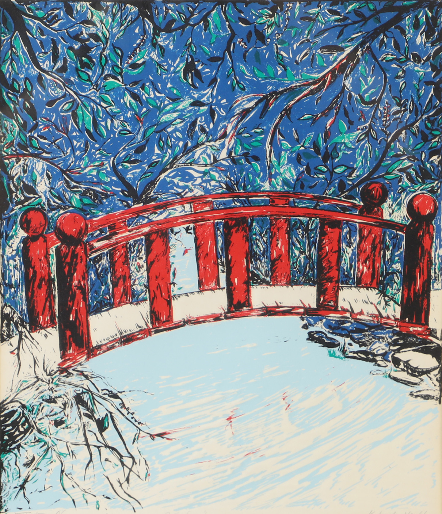 KERSTIN LOCK-HULT. Den röda bron, färglitografi, signerad.