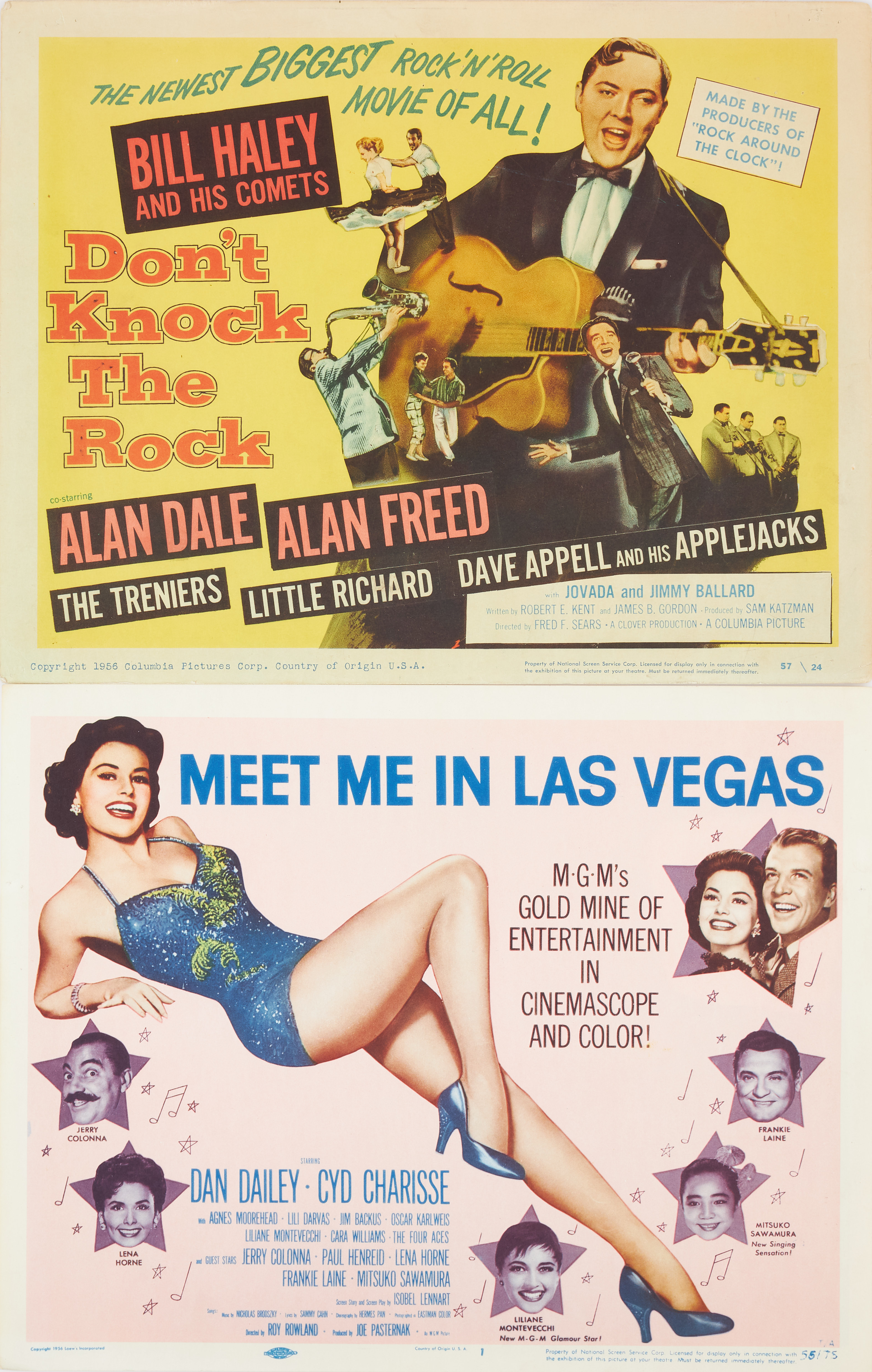 LOBBY CARDS, Don't Knock the Rock samt Meet me in Las Vegas, USA. 2 st, 1956, grafiska blad, Cyd Charisse.