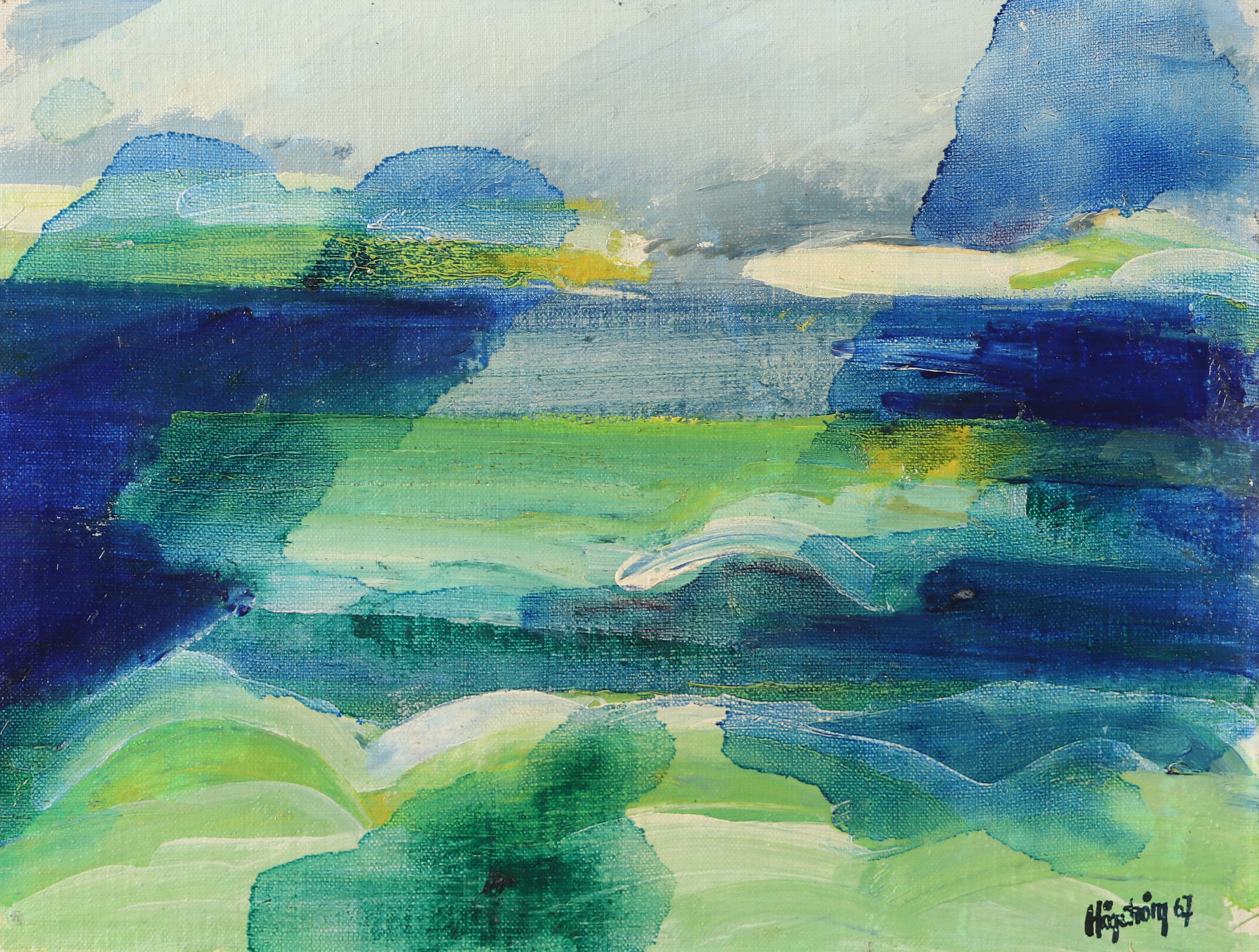 KJELL HÖGSTRÖM. Grönt landskap, olja på pannå, signerad Högström -67.