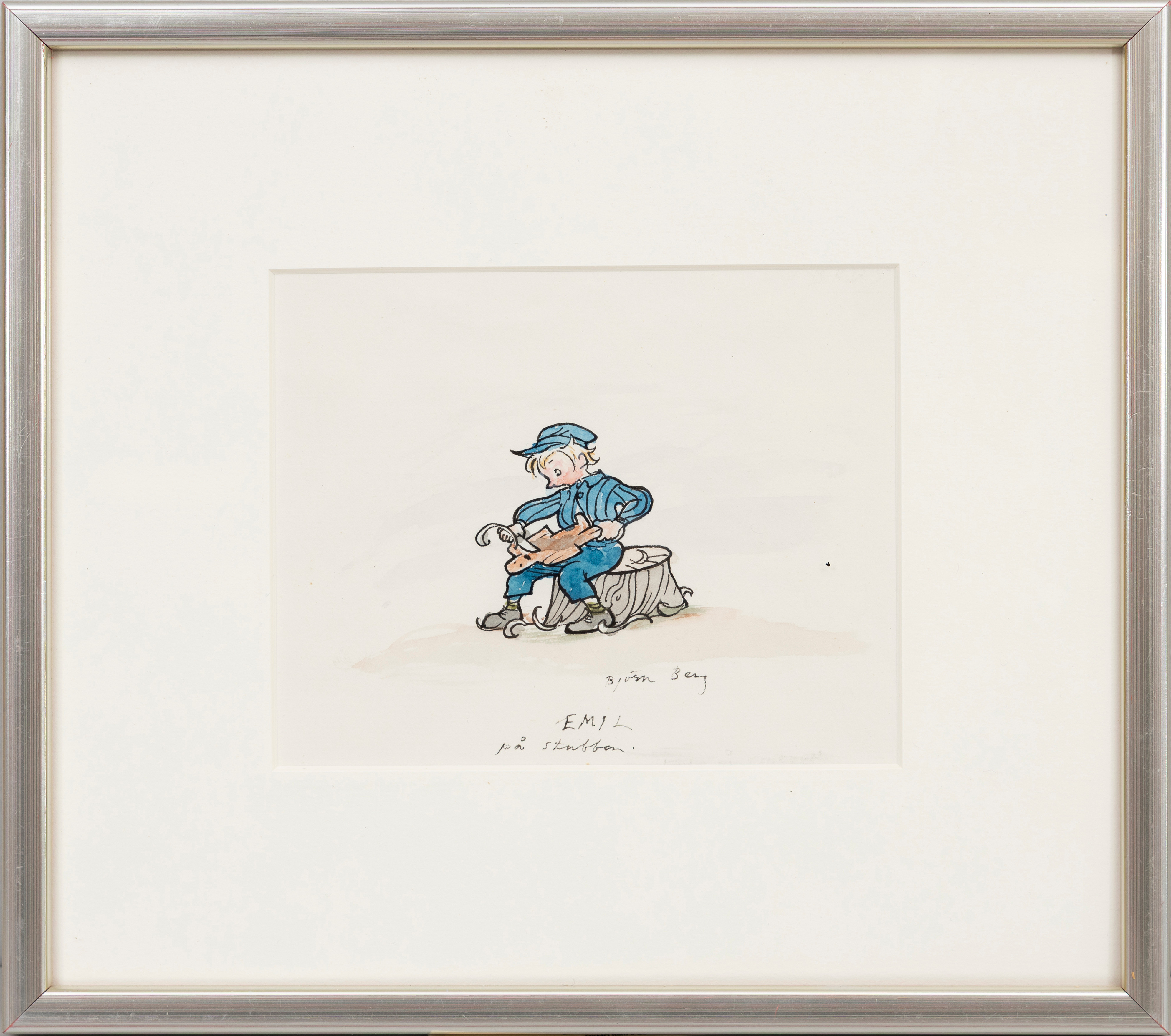 BJÖRN BERG. "Emil på stubben", tusch och akvarell på papper, signerad.