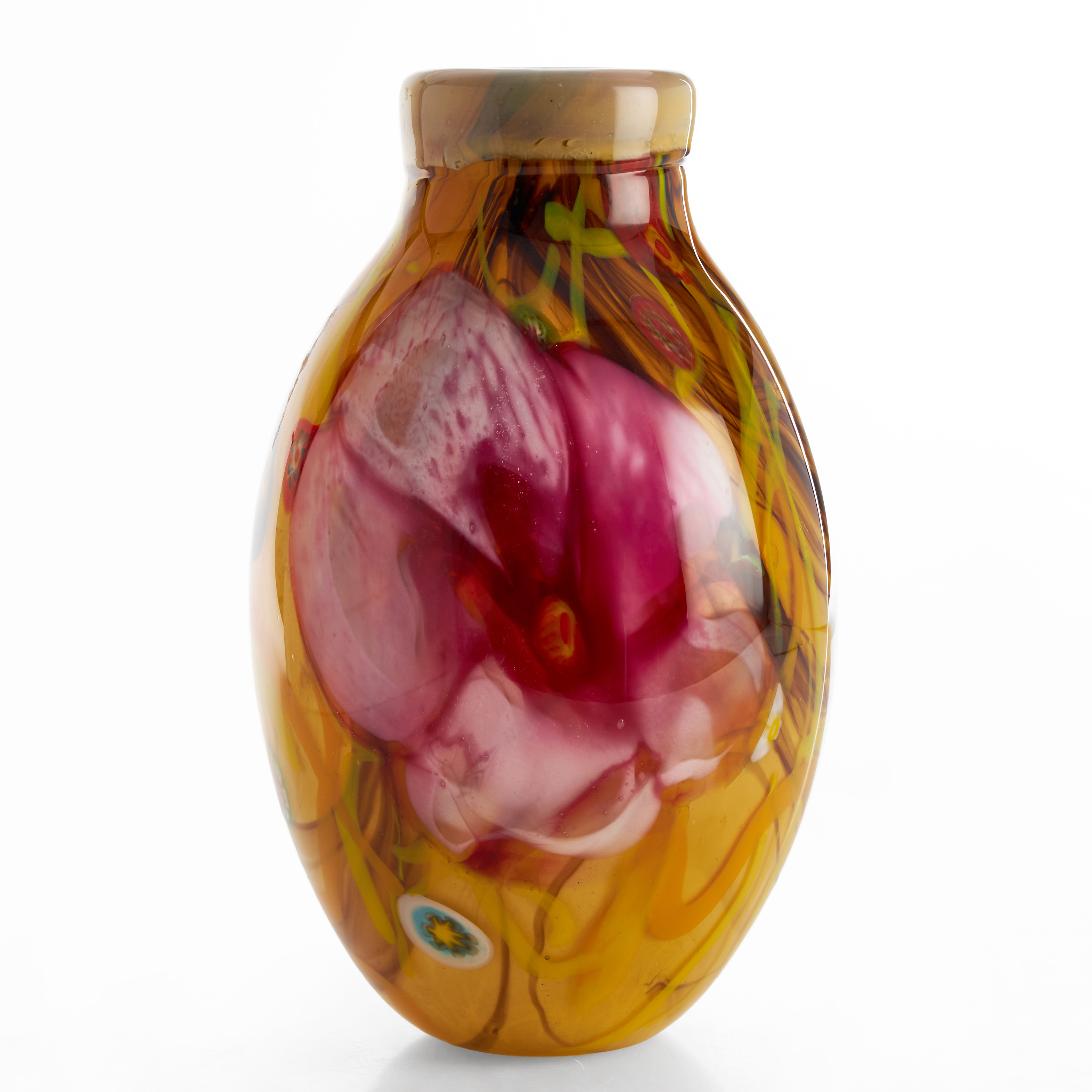 VAS, glas, polykrom dekor av blomster i mellanfång, möjligen Murano.