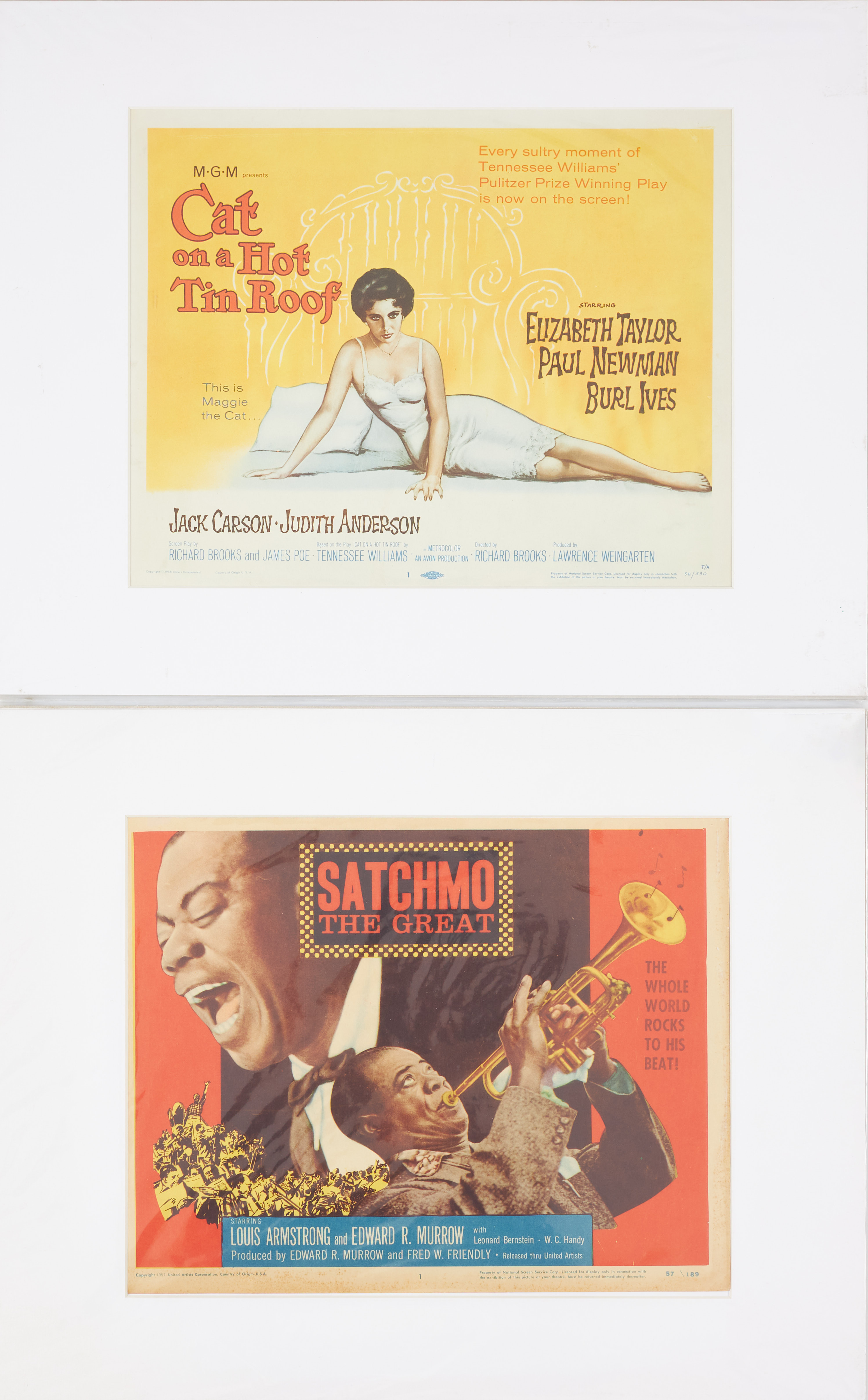 LOBBY CARDS. SATCHMO samt CAT ON A HOT TIN ROOF, USA. 2 st, 1957 resp 1958.