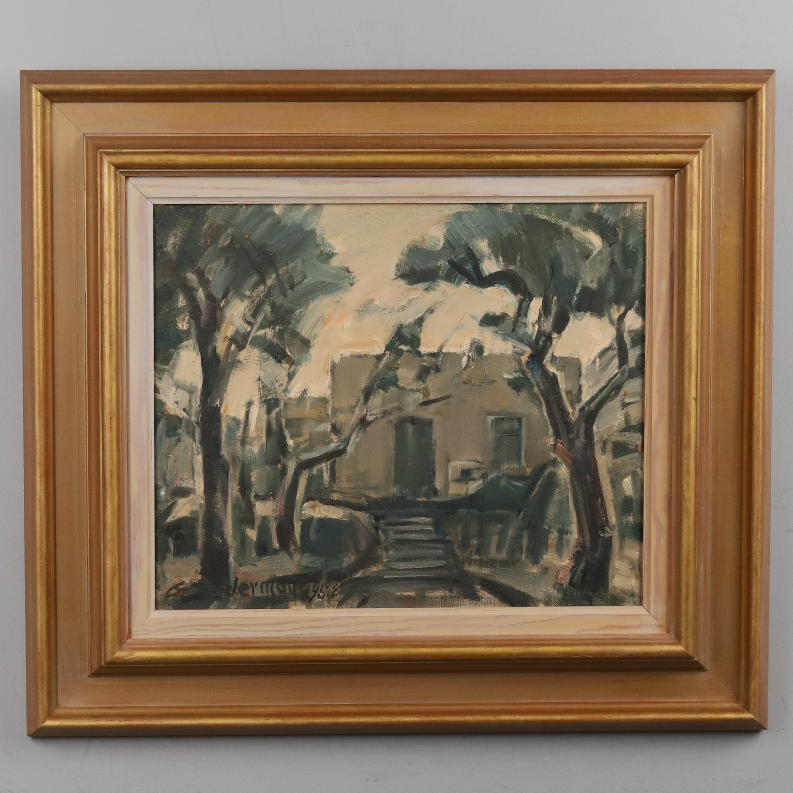 GUNNAR SÖDERMAN. Olja på pannå, "Olivträd vid huset", signerad och daterad -1958.
