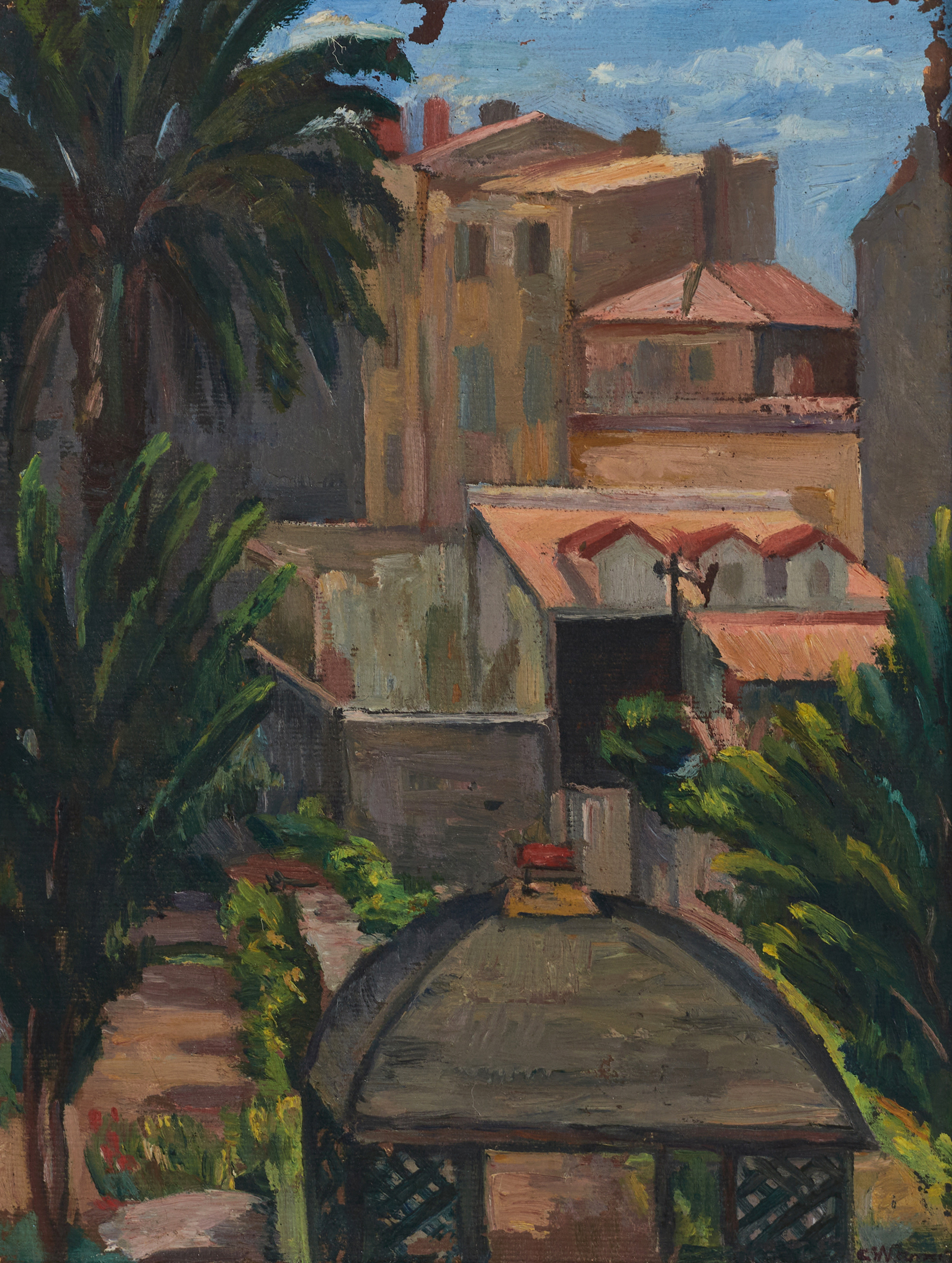 ELLA WANNER (1887–1962). Utsikt med dadelpalmer (Antibes, Frankrike), signerad, olja på pannå.