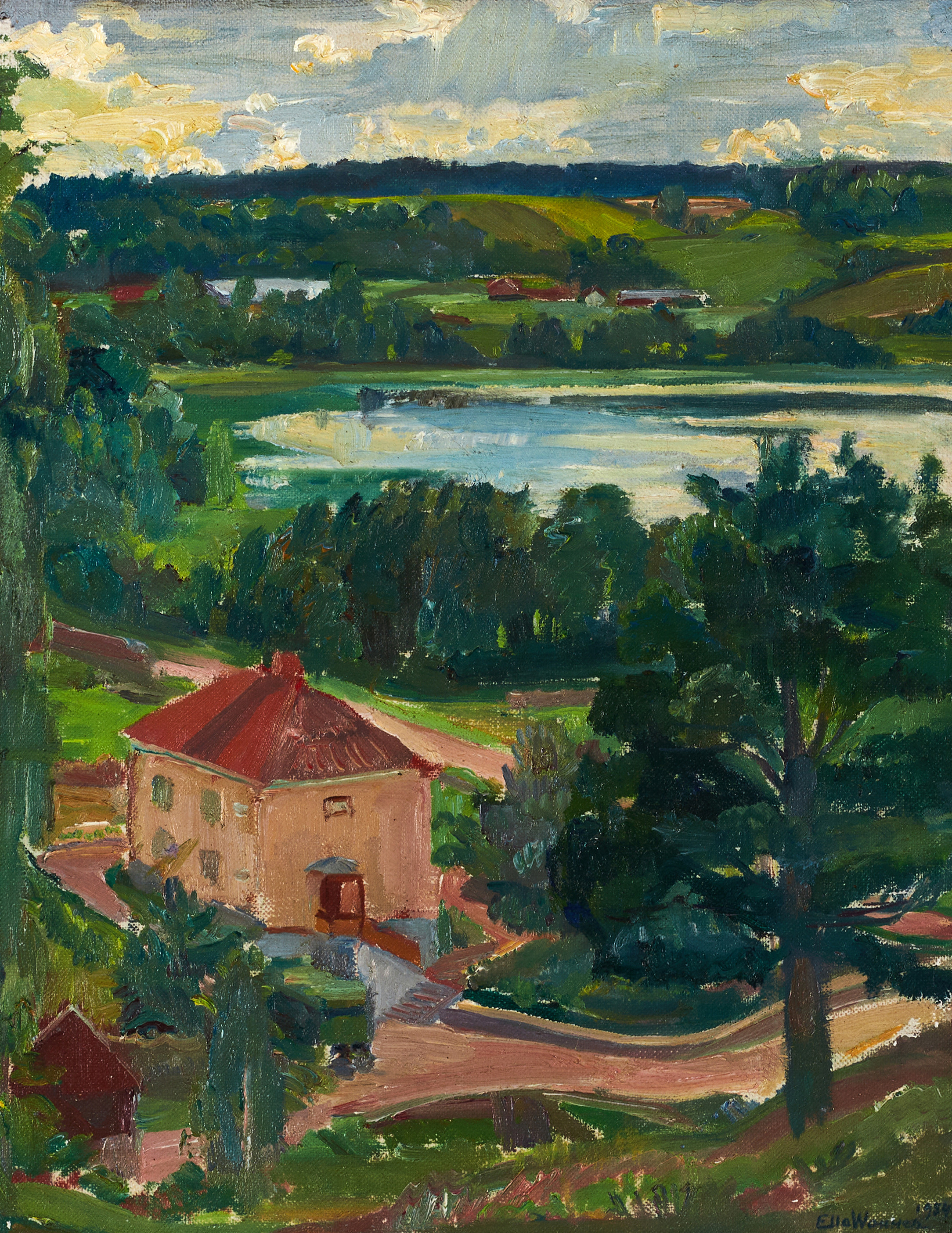 ELLA WANNER (1887–1962). Landskap med gård, signerad och daterad E Wanner 1954, olja på pannå.
