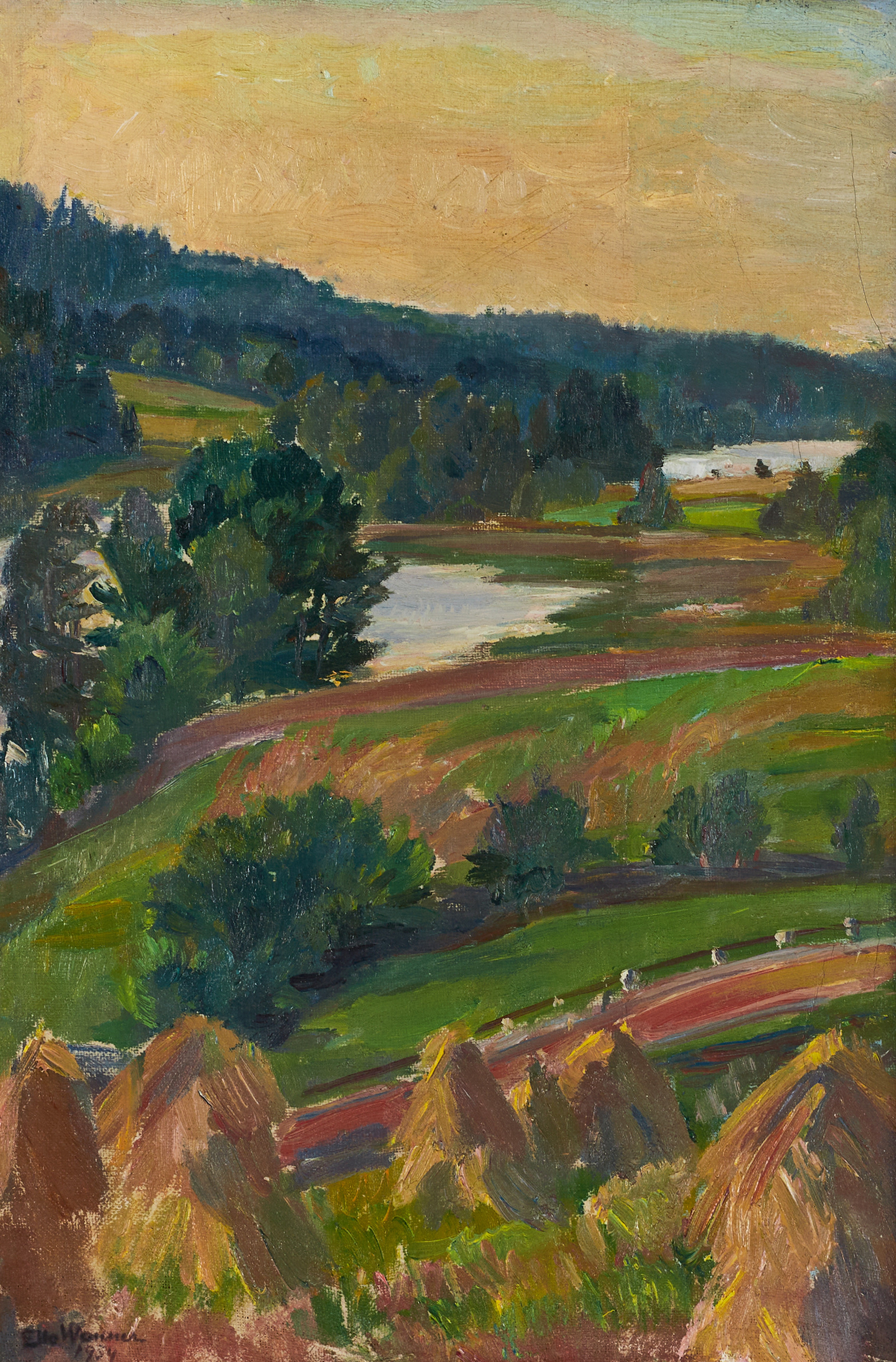 ELLA WANNER (1887–1962). Landskap, signerad och daterad Ella Wanner 1954, olja på pannå.