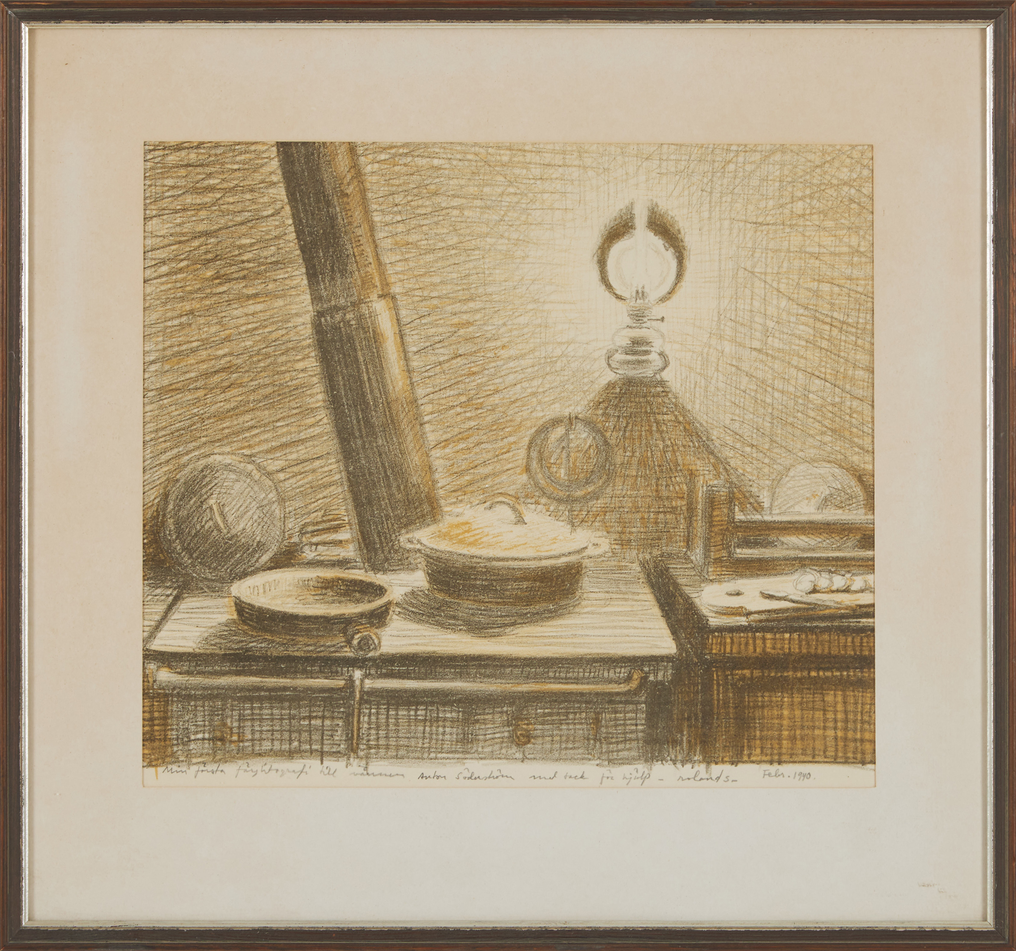 ROLAND SVENSSON. Stilleben vid spisen, färglitografi, prov, signerad och daterad roland S. 1940.