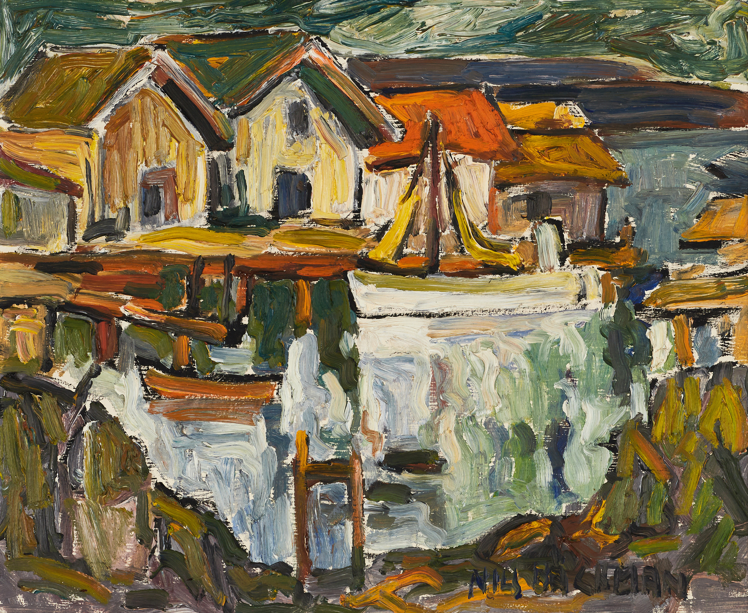 NILS BÄCKMAN (1896–1946). Hamnbild (Västkusten), signerad, olja på pannå.