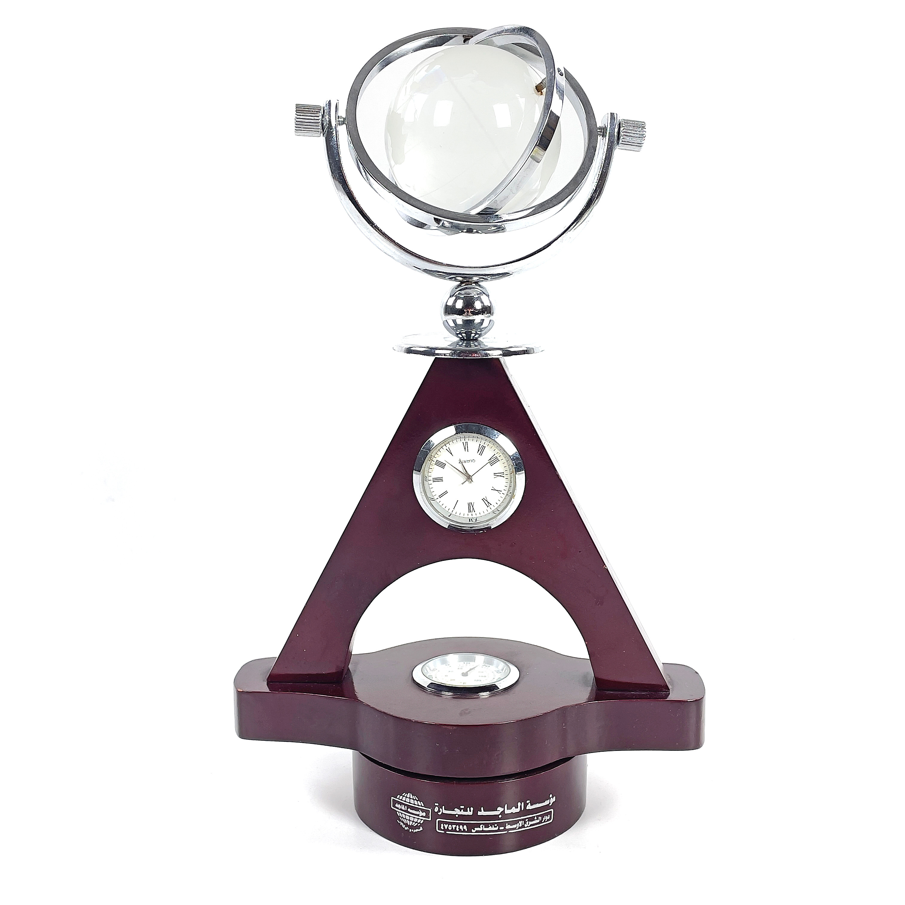 JORDGLOB, med klocka och termometer. Glas, metall och trä, 1900/2000-tal.