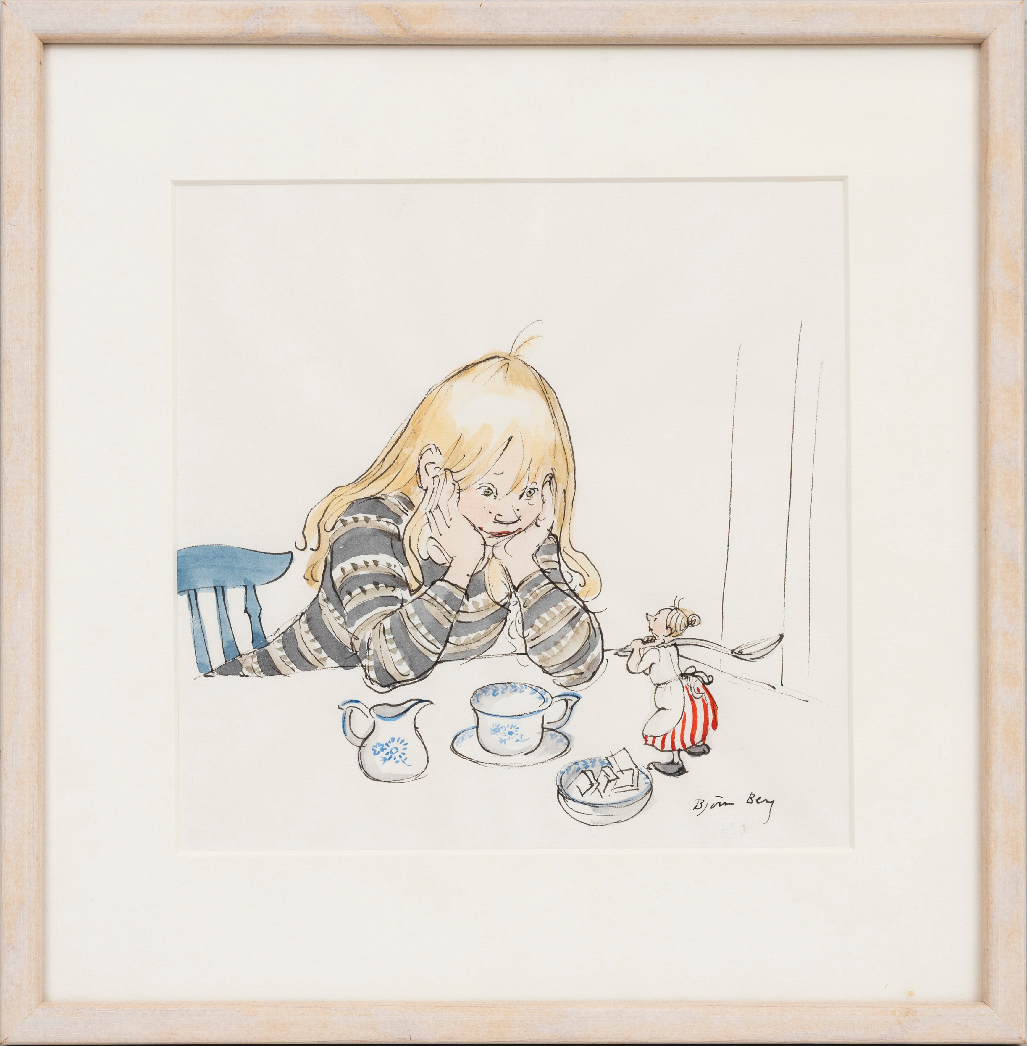 BJÖRN BERG. "Gumman som blev liten som en tesked", tusch och akvarell på papper, signerad.