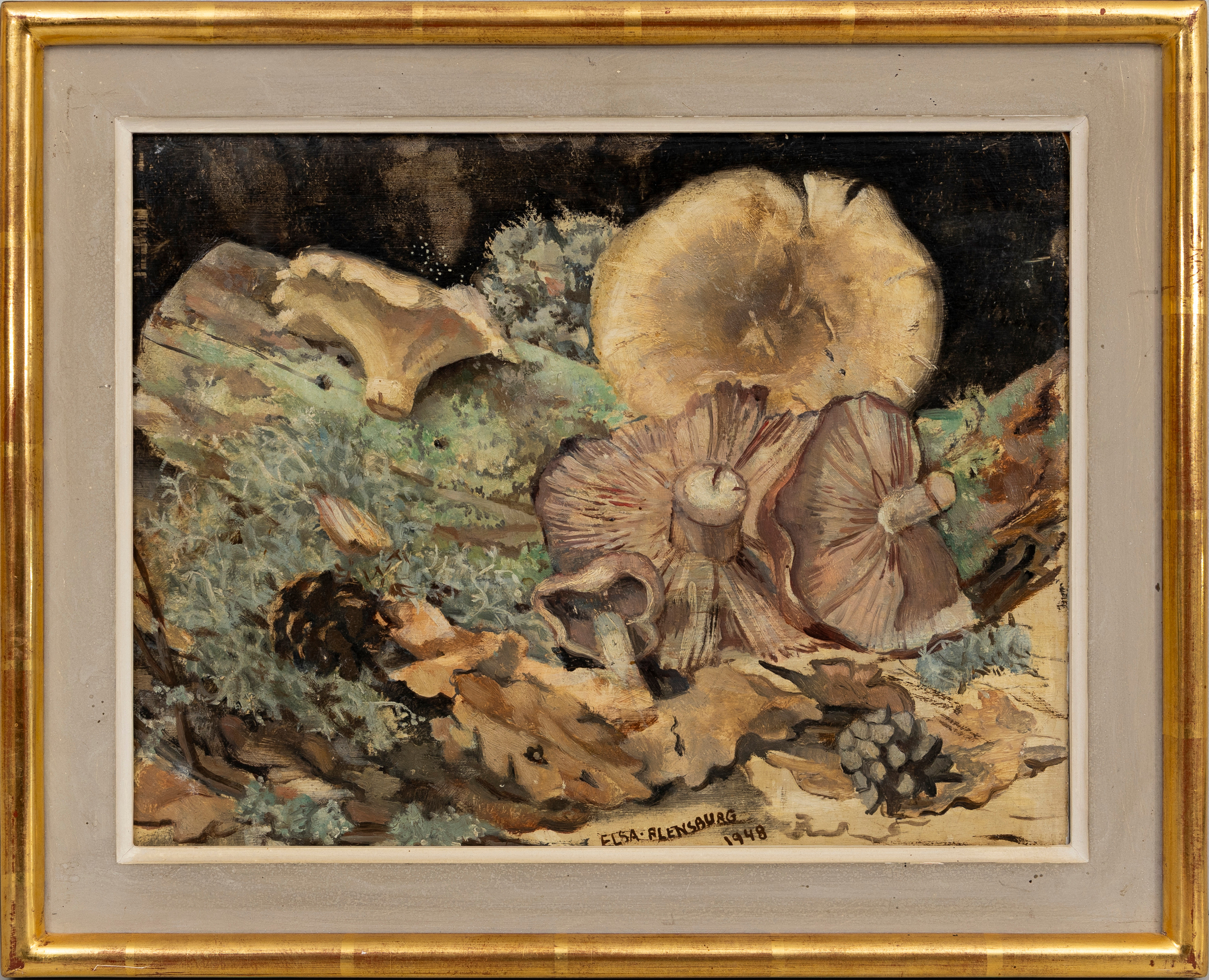 ELSA  FLENSBURG. Stilleben med svampar, olja på pannå, signerad, daterad 1948.