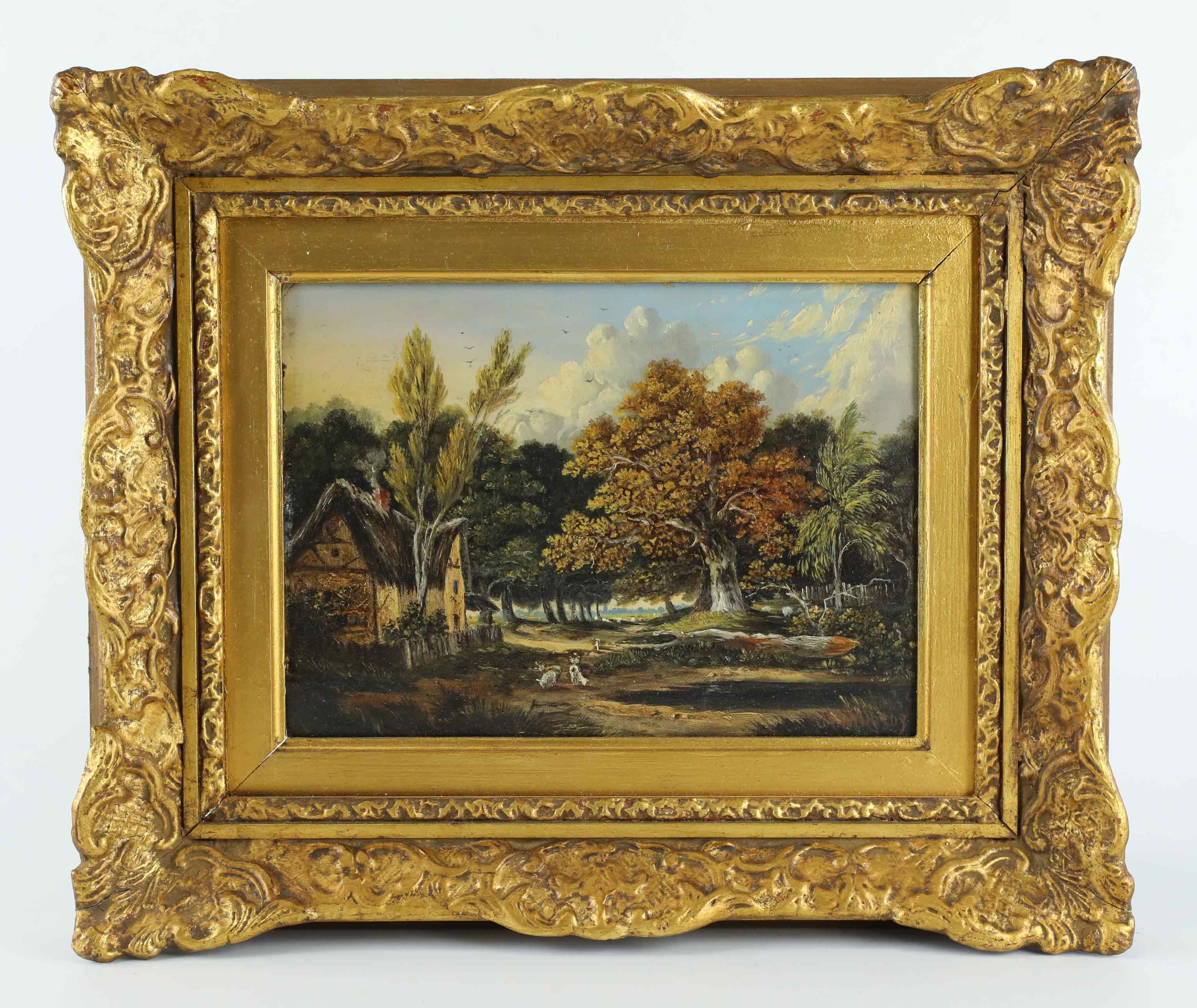 OIDENTIFIERAD KONSTNÄR. Olja på pannå, Landskap med hus, signerad, 18/1900-tal.