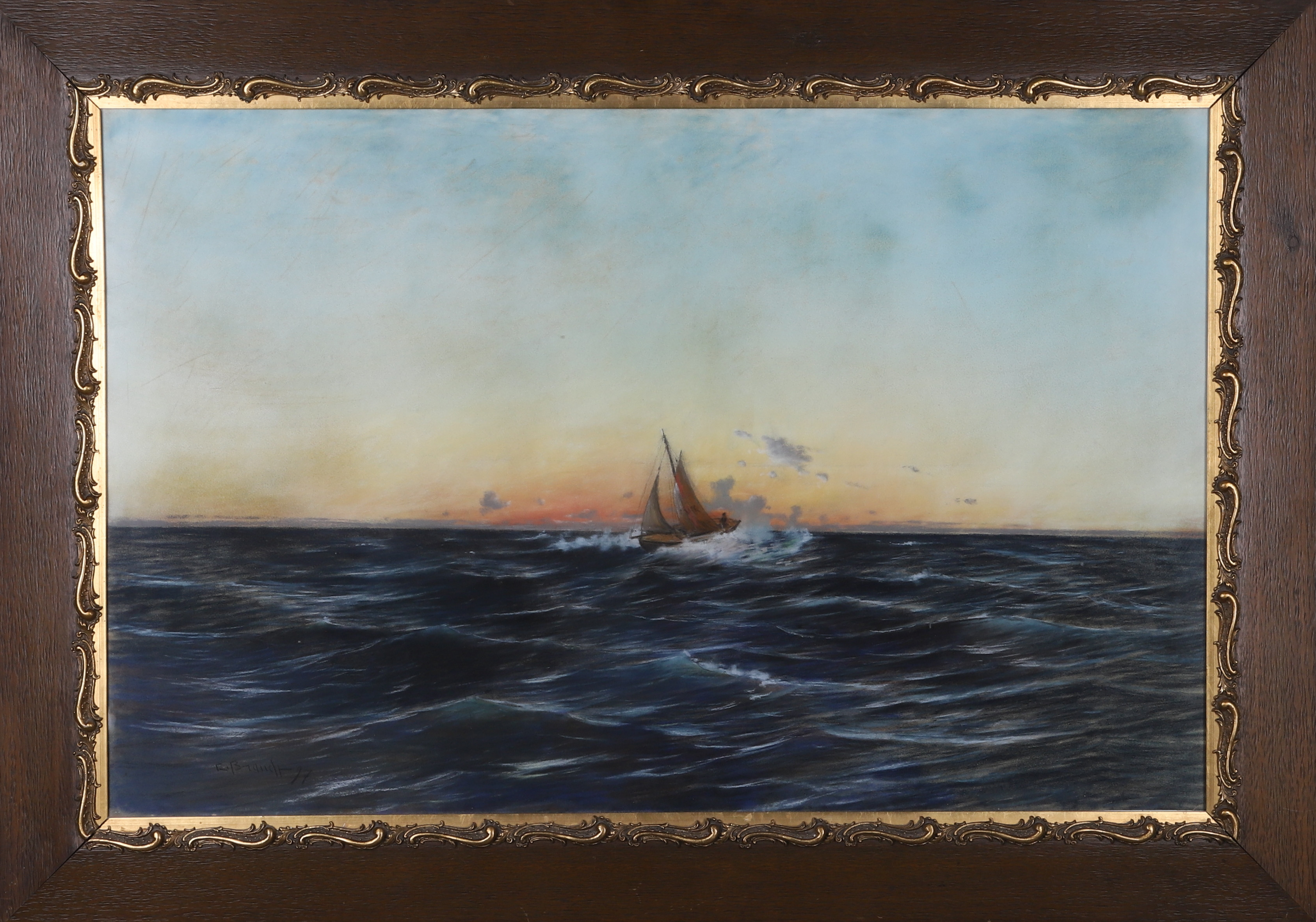 CARL BRANDT. Pastell, segelbåt i solnedgång, signerad och daterad -97.