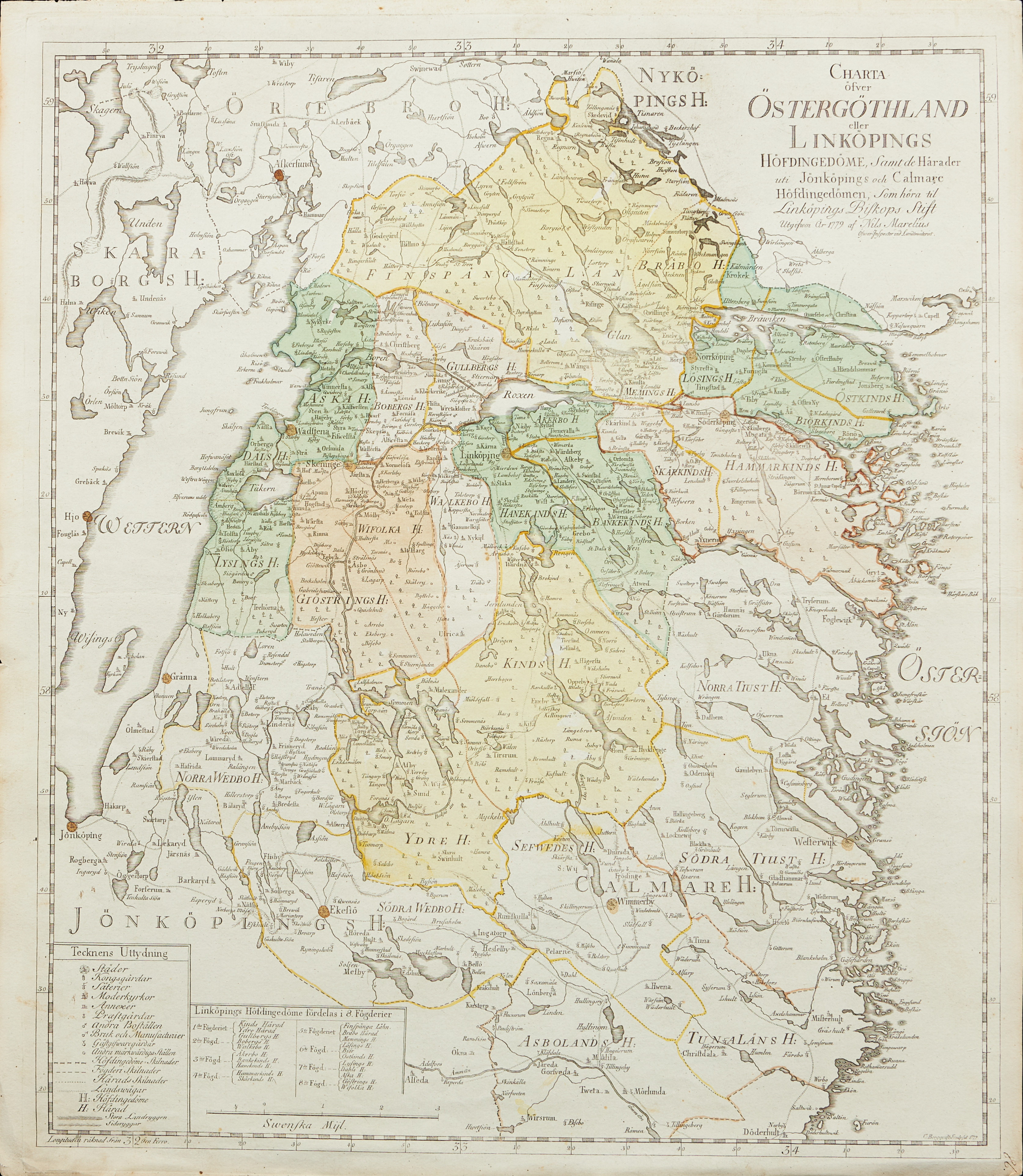 KARTA ÖVER ÖSTERGÖTLAND, MARELIUS, 1779.
